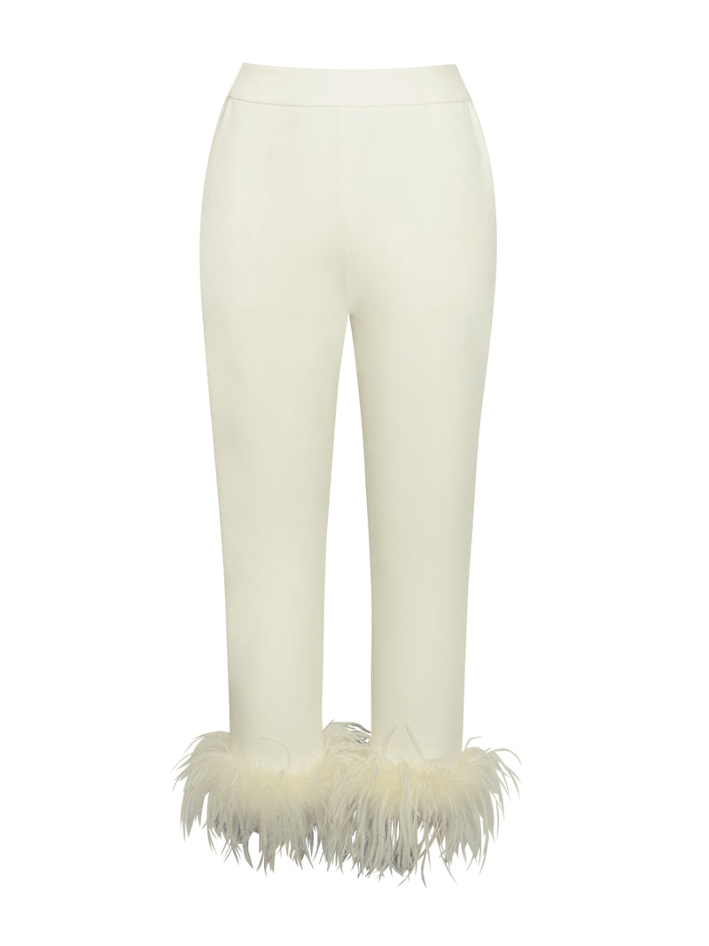 Yanely Cream White Pants With Feather Trim