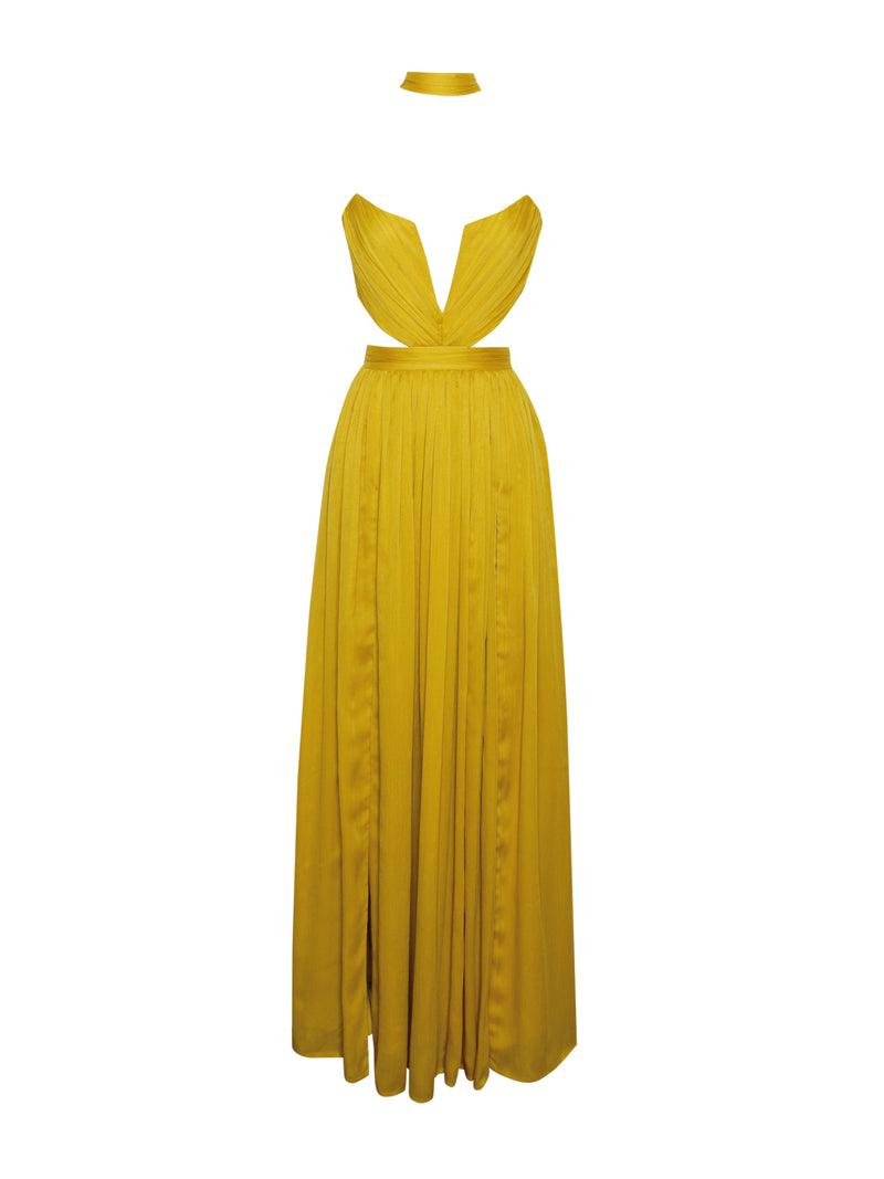 Xella Yellow Pleated Chiffon Maxi Dress