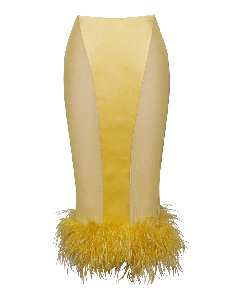 Miranda Yellow Feather Trim Satin Mesh Skirt