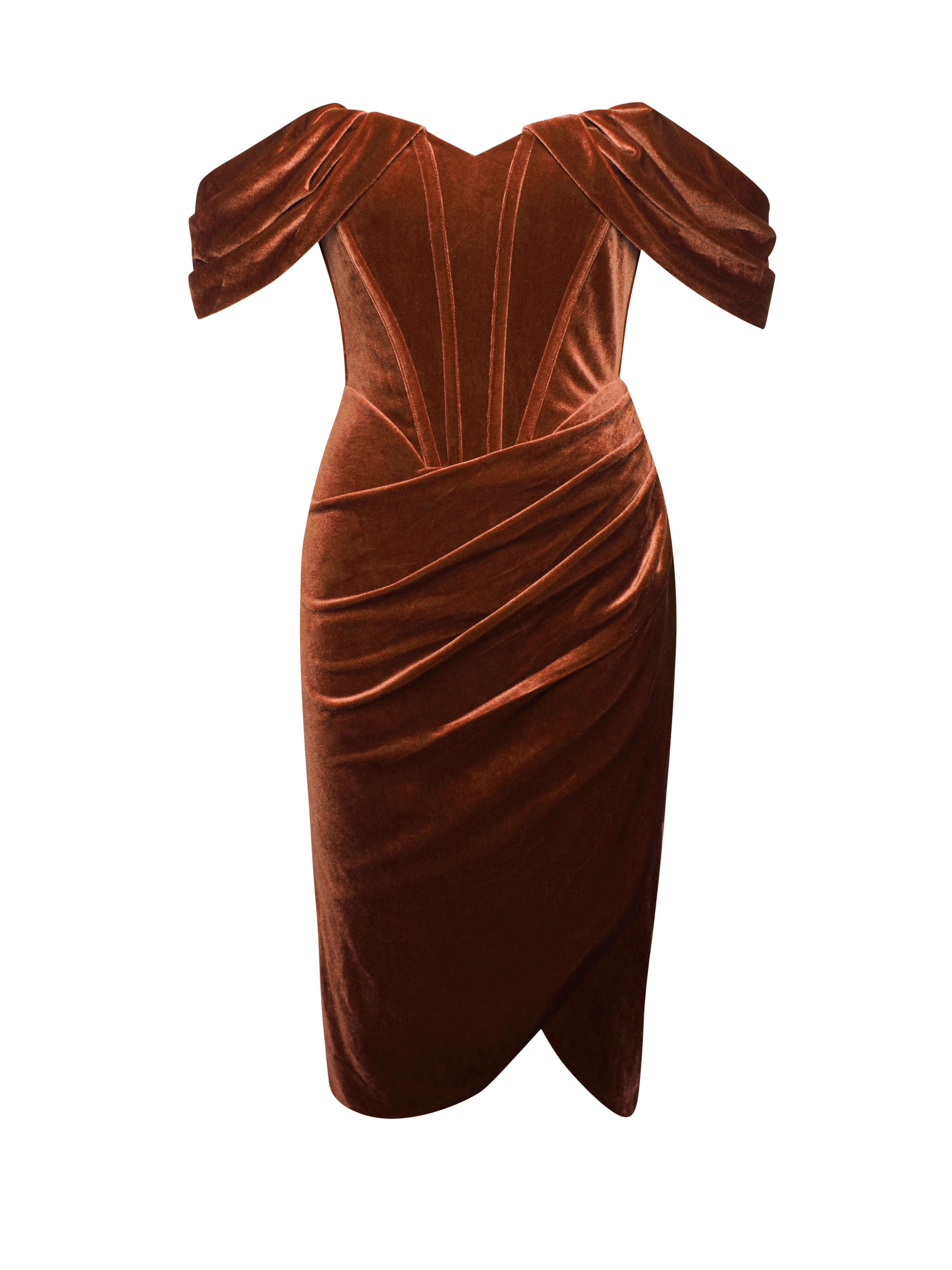 Omaria Burnt Orange Velvet Off Shoulder Corset Dress