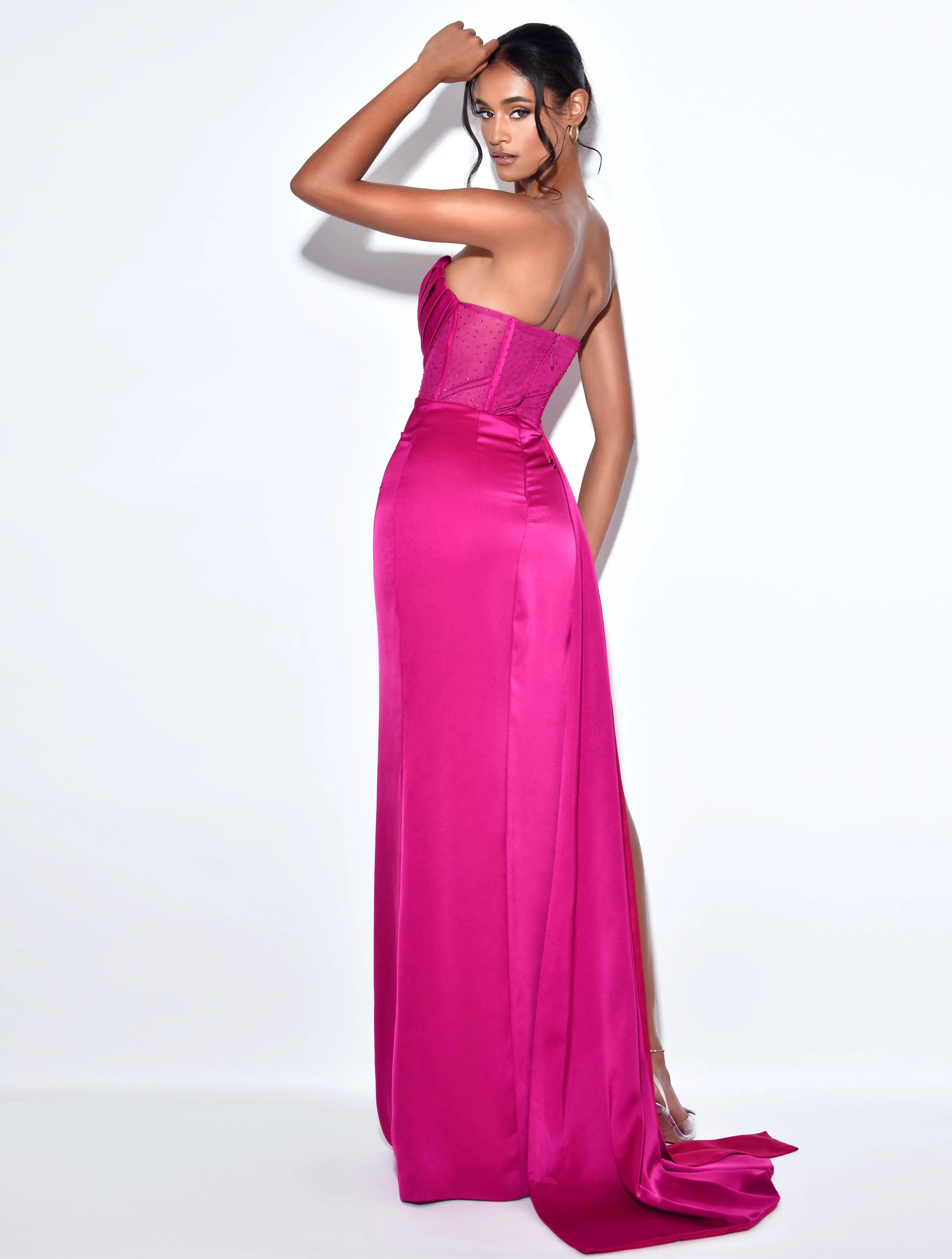 Holly Fuchsia Crystallized Corset High Slit Satin Gown