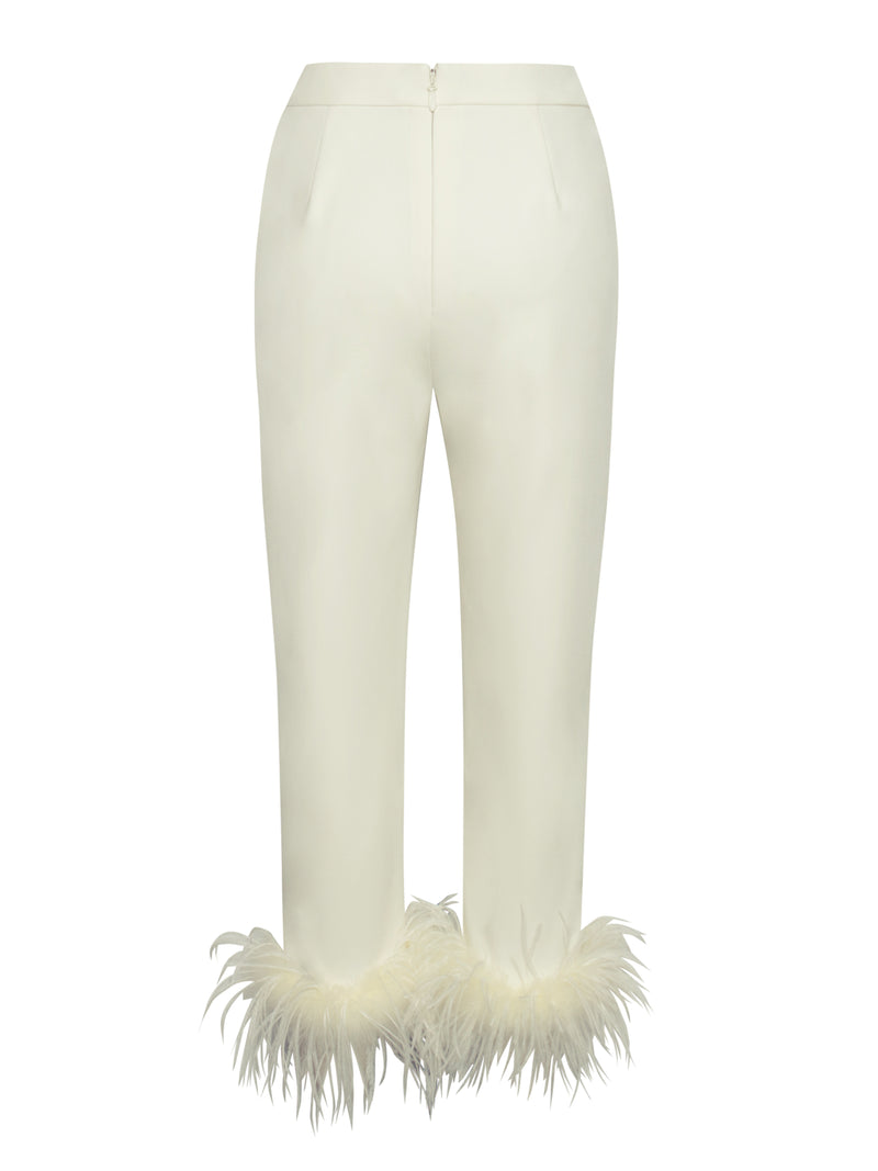 Yanely Cream White Pants with Feather Trim