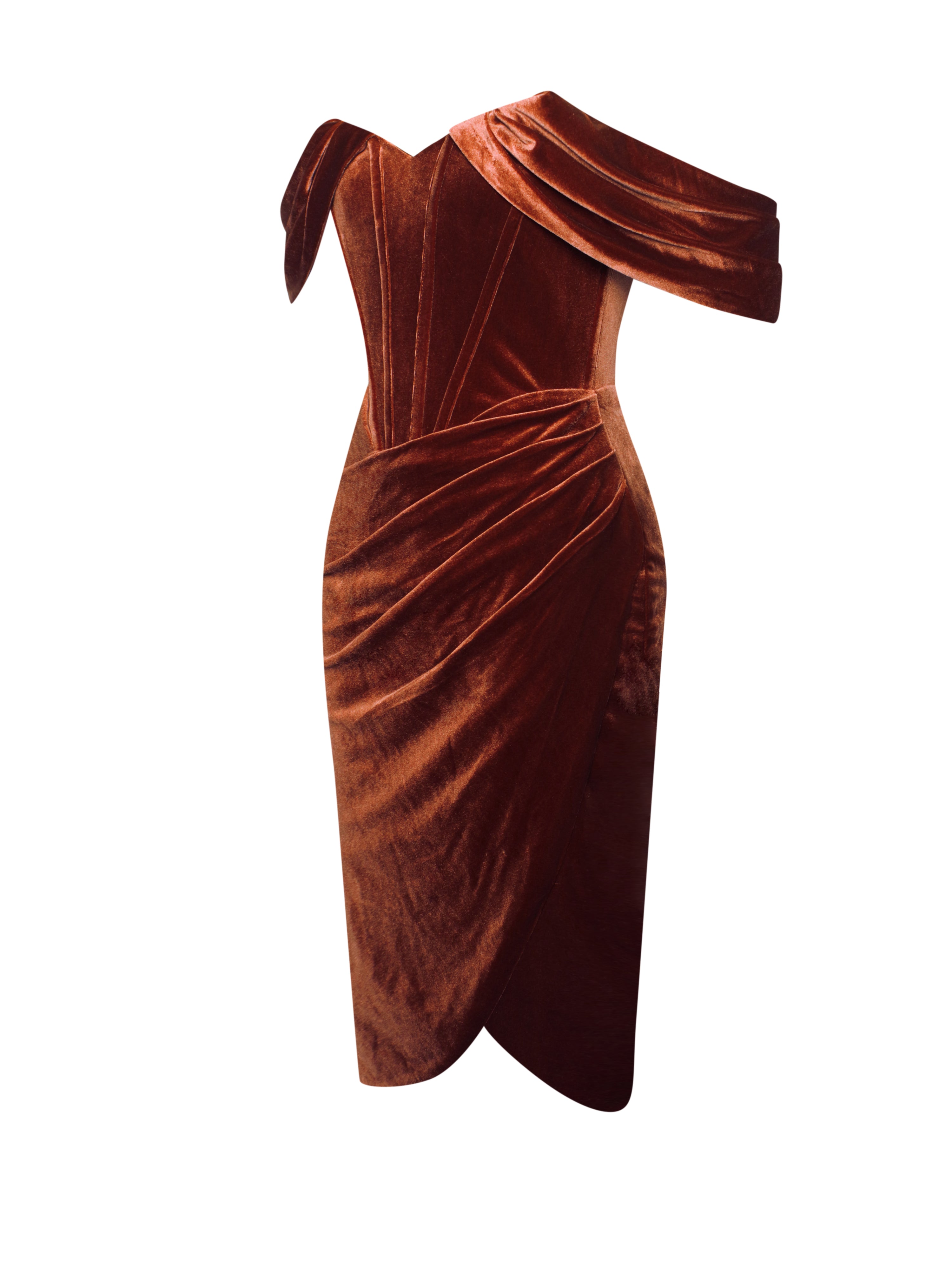 Omaria Burnt Orange Velvet Off Shoulder Corset Dress