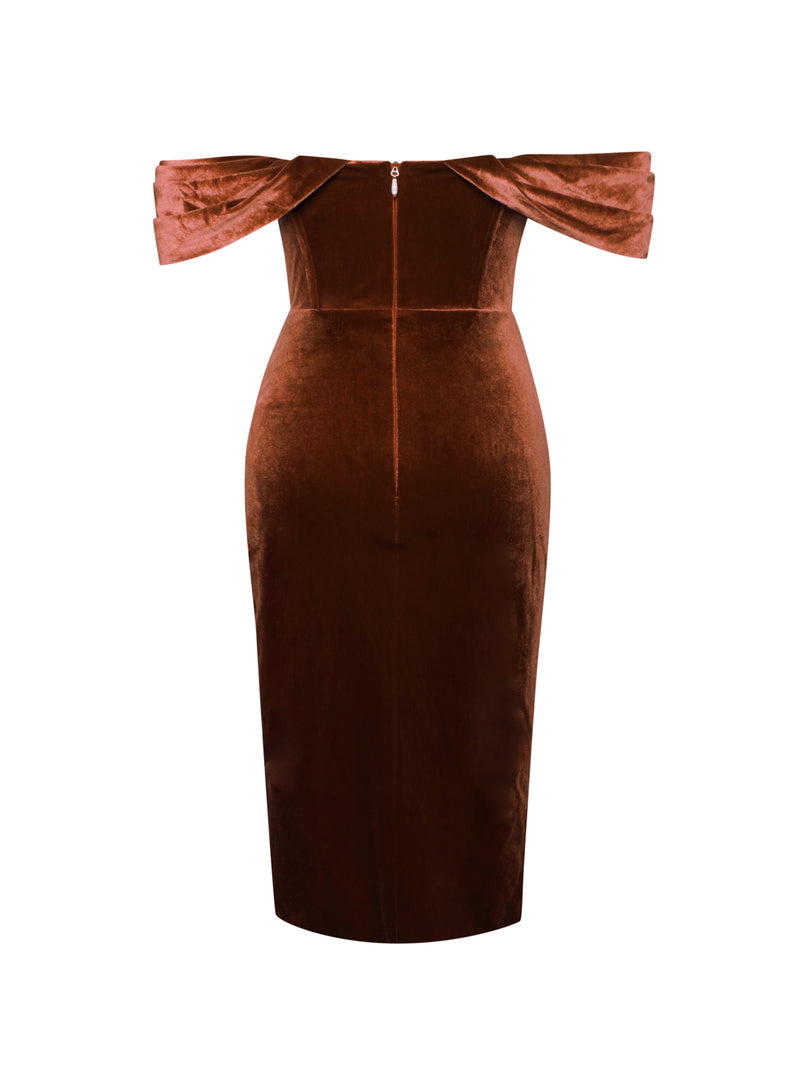 Omaria Burnt Orange Velvet Off Shoulder Corset Dress