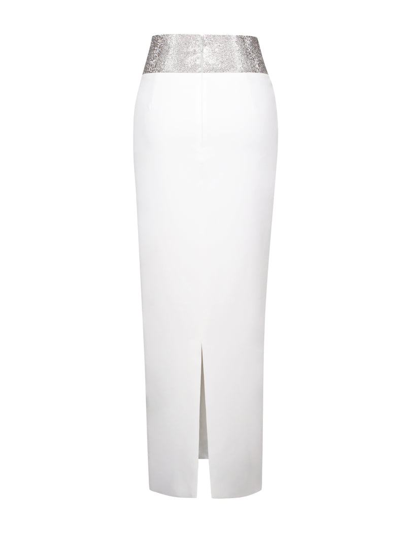 Uriah White Pencil Skirt With Crystal Waist Trim