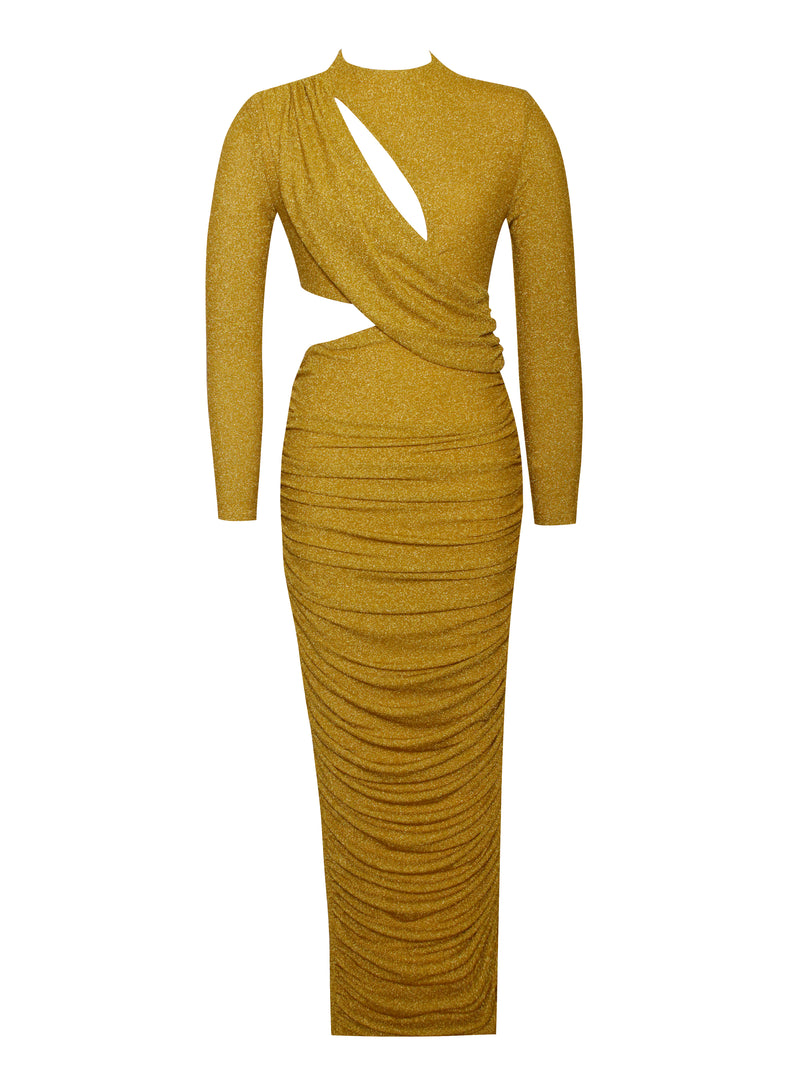 Payson Gold Long Sleeve Metallic Jersey Cutout Dress