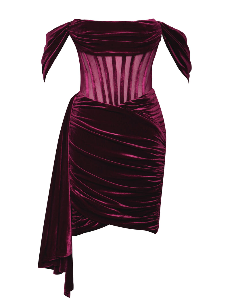 Irisa Burgundy Draping Off Shoulder Corset Dress