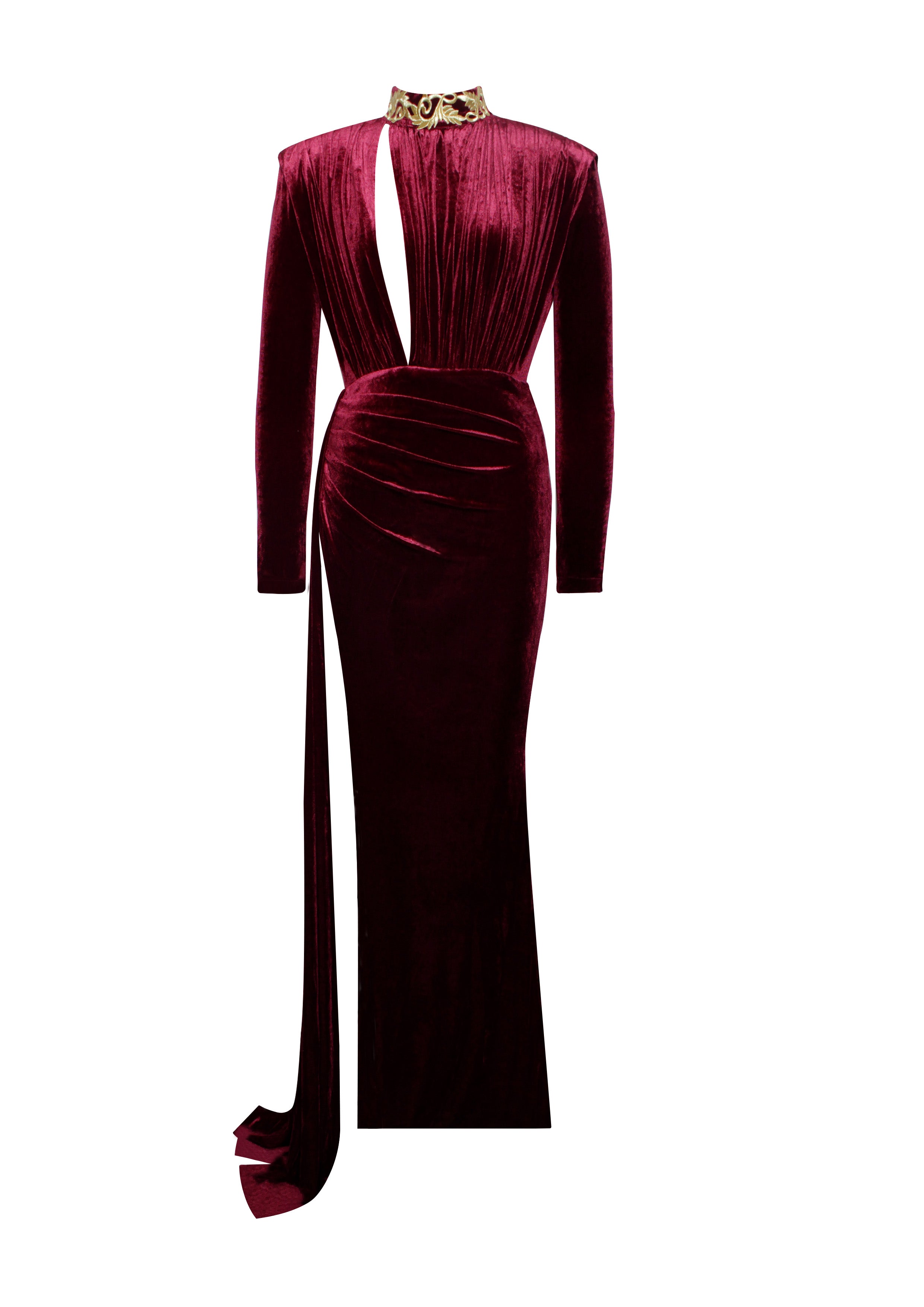 Zenaida Burgundy Cutout High Slit Velvet Gown