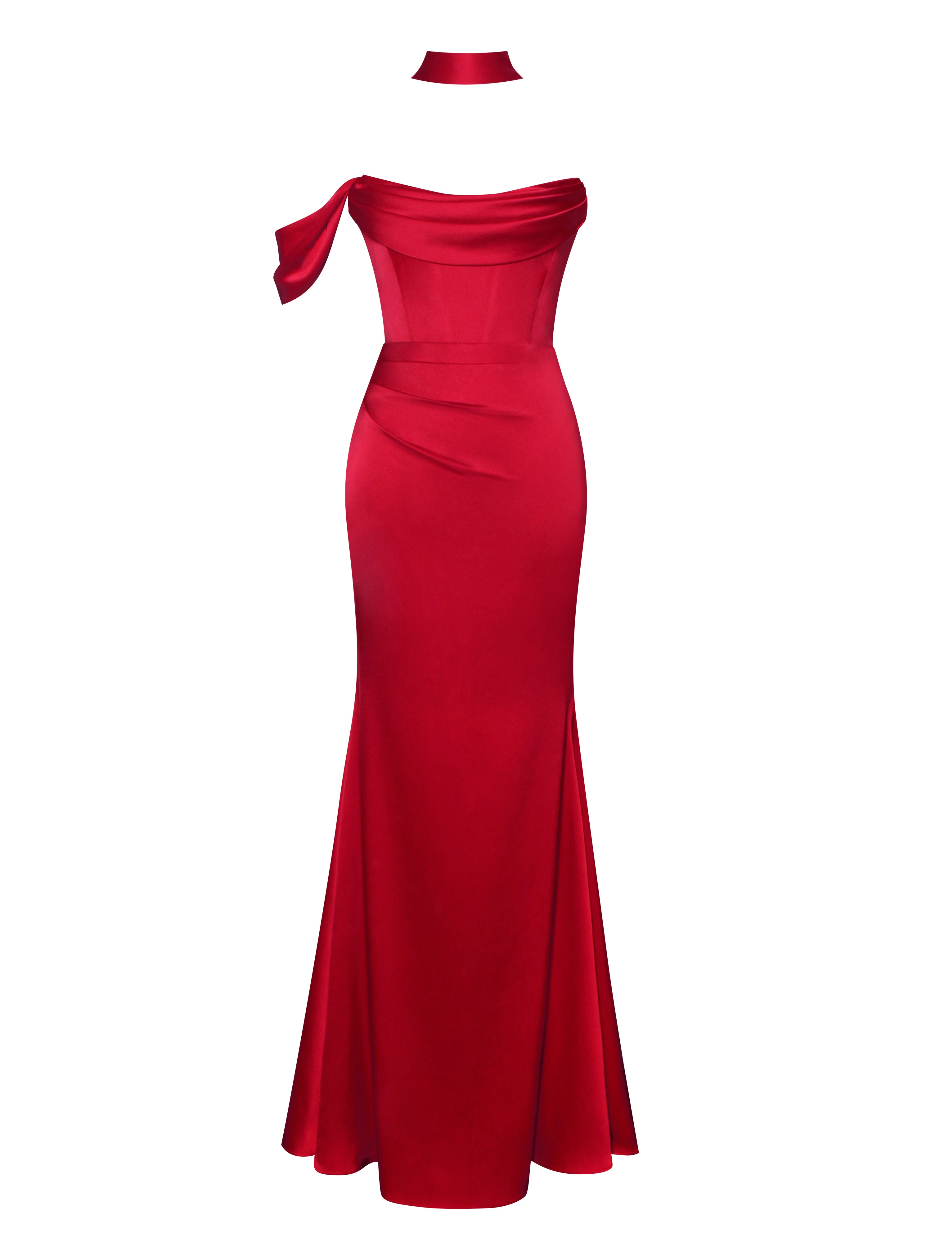 Ivona Red Halter Neck Double Duchess Satin Gown