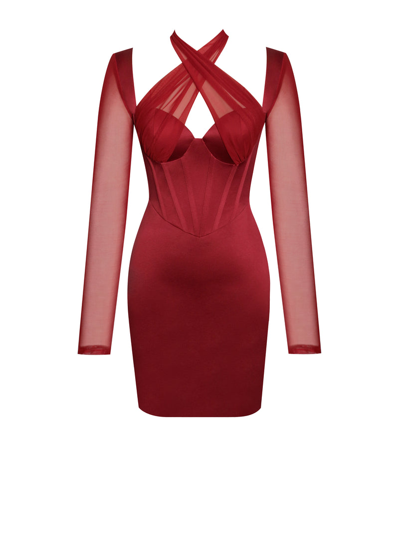 Jocelynn Burgundy Satin Mesh Long Sleeve Corset Dress – Miss Circle