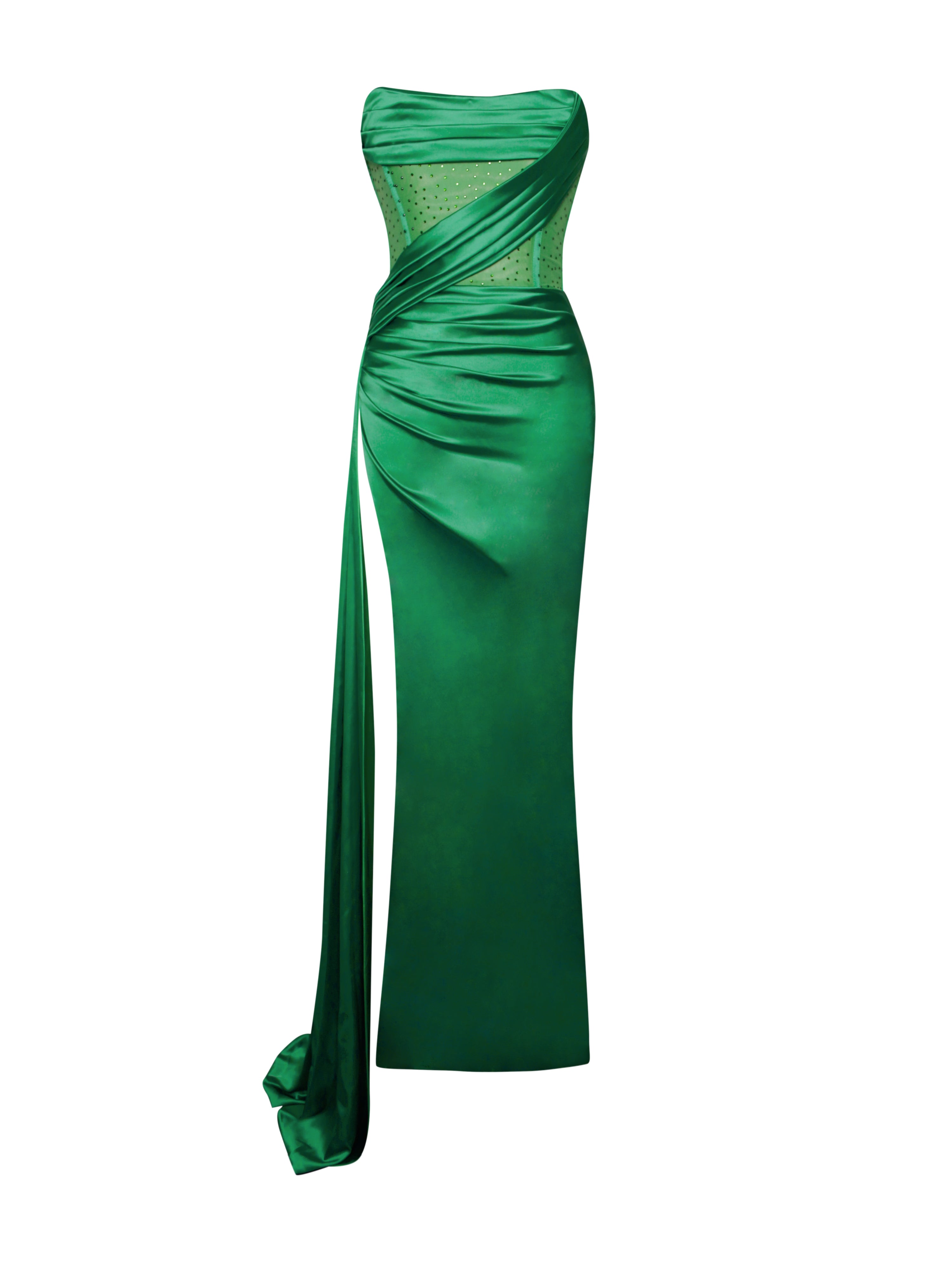 Holly Green Crystallized Corset High Slit Satin Gown