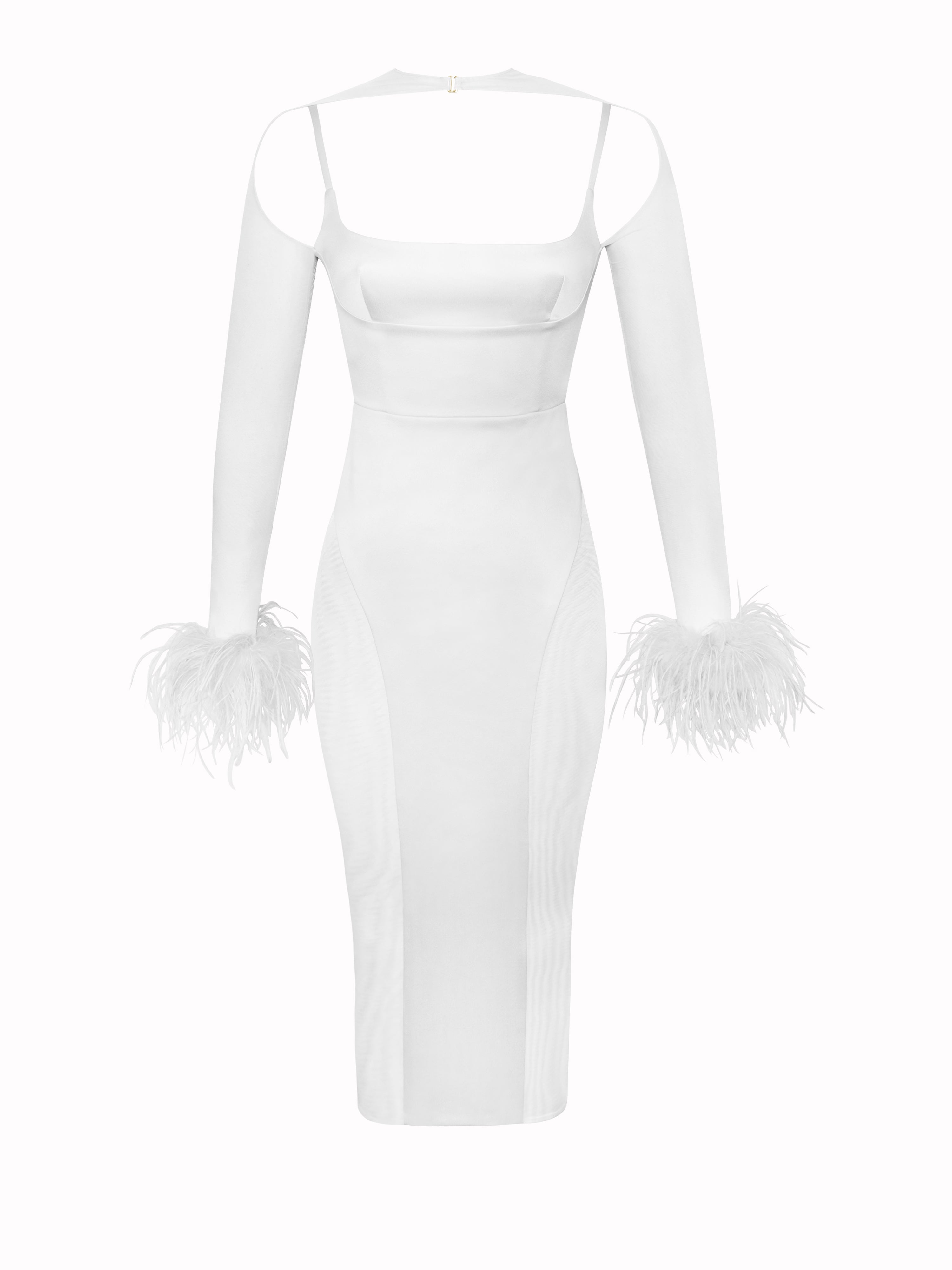 Oaklie White Satin Mesh Sleeve Dress With Feathers