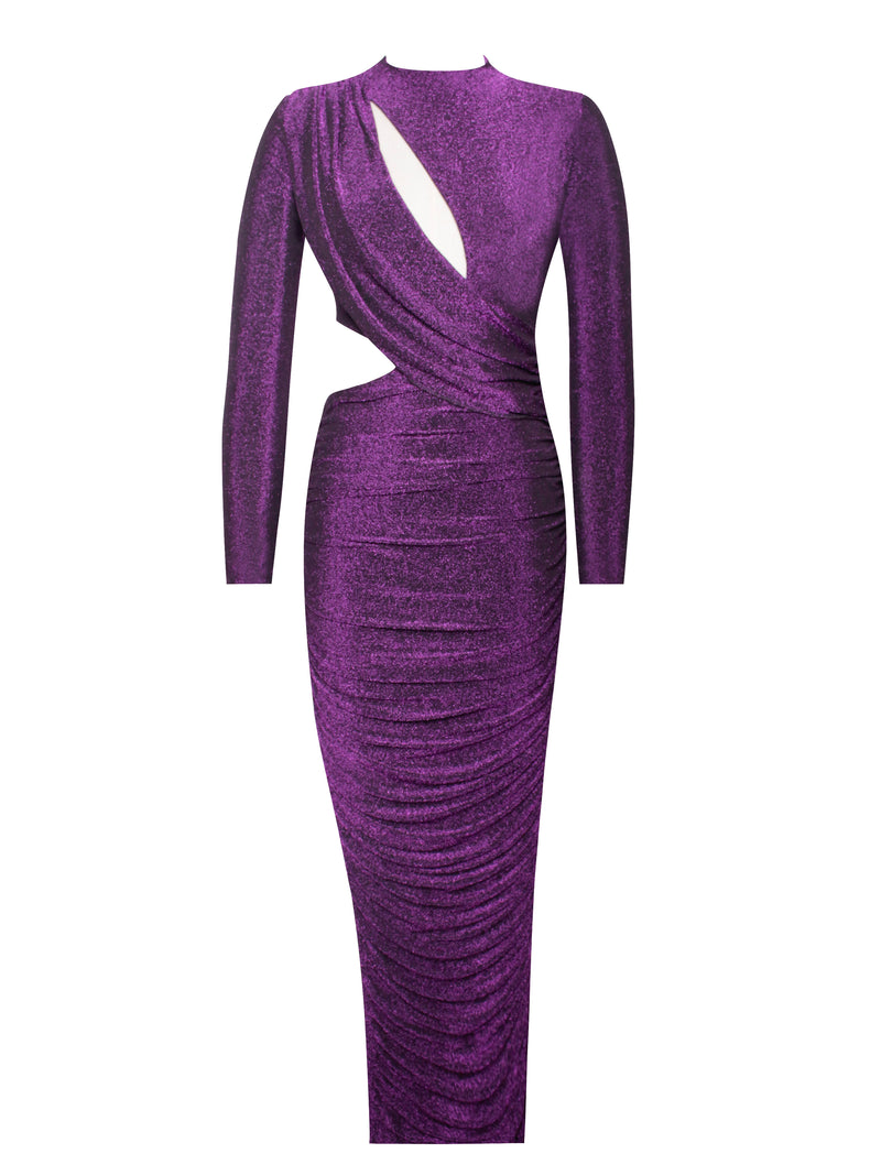 Payson Purple Long Sleeve Metallic Jersey Cutout Dress