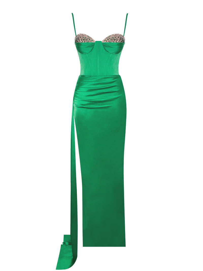 This stunning green satin dress features a flattering corset design and a  draping detail on the left side of the hand. The open waist and