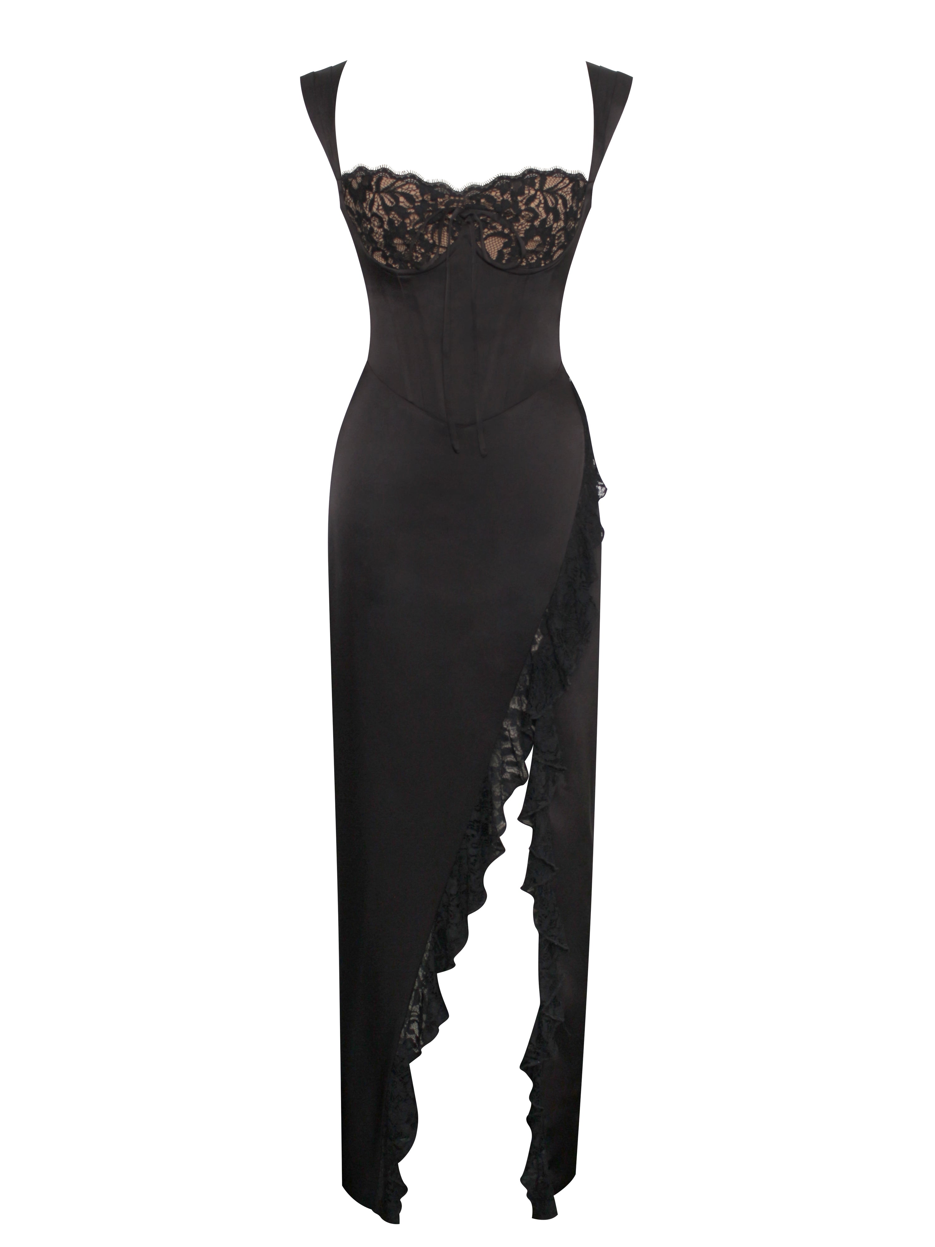 Freddie Black Lace Satin Maxi Corset Dress