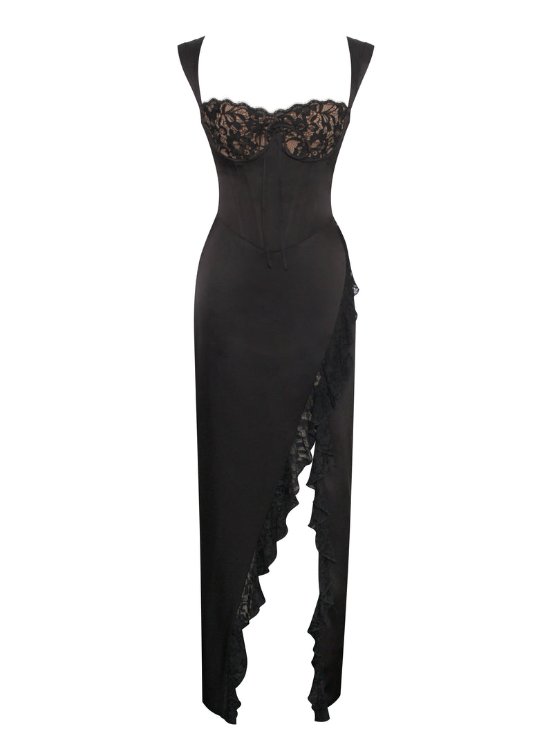 Freddie Black Lace Satin Maxi Corset Dress – Miss Circle