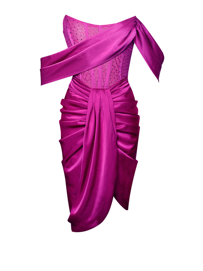 Darlene Fuchsia Off Shoulder Corset Satin Dress with Crystals