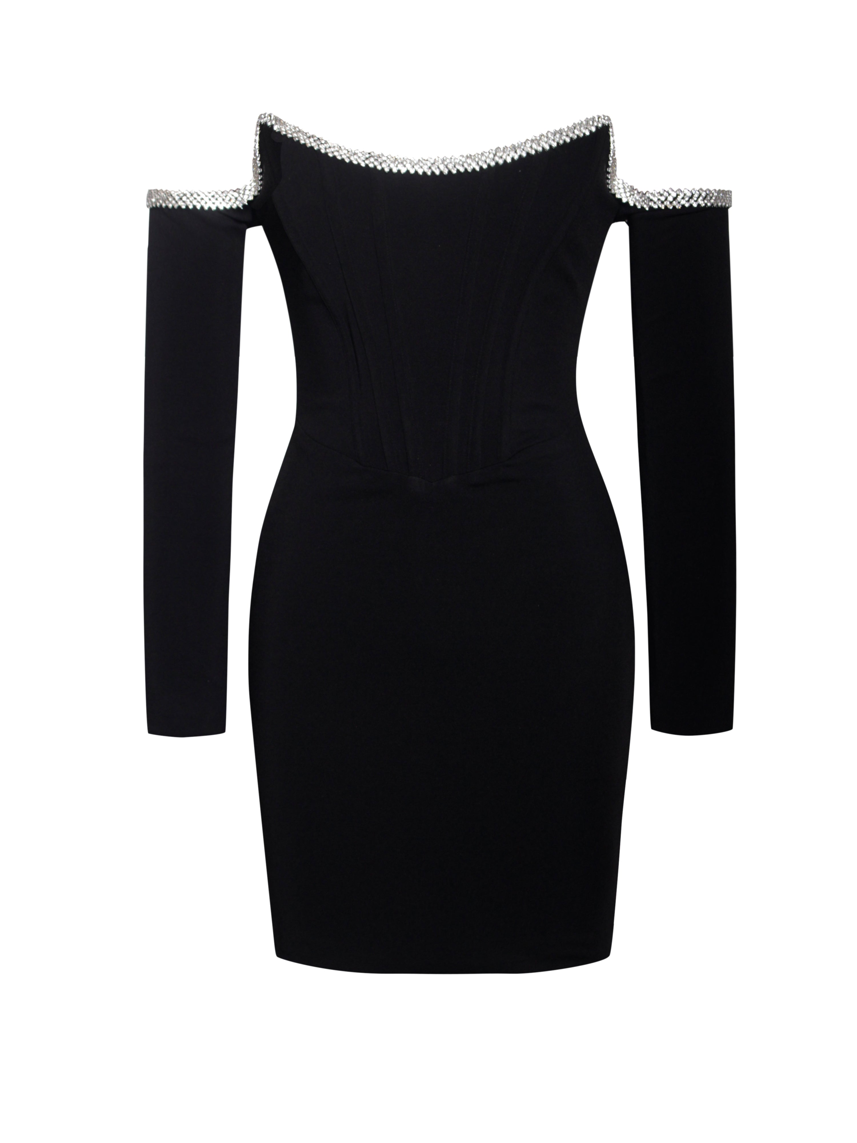 Annika Black Off Shoulder Long Sleeve Corset Dress With Crystal Trim S / US 4-6 Annika Black Off Shoulder Long Sleeve Corset Dress With Crystal Trim S / US 4-6