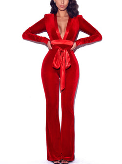 Glorious Red Long Sleeve Velvet Jumpsuit - Miss Circle