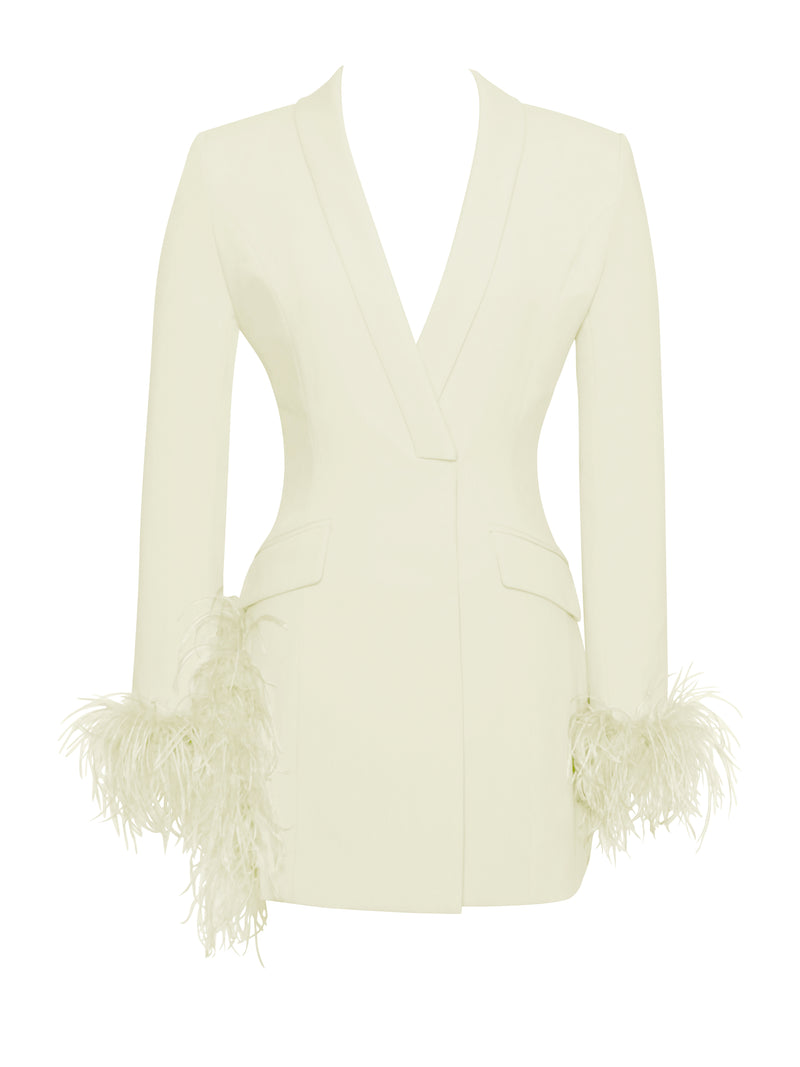 Madeline Pearl White Feather Trim Blazer Dress
