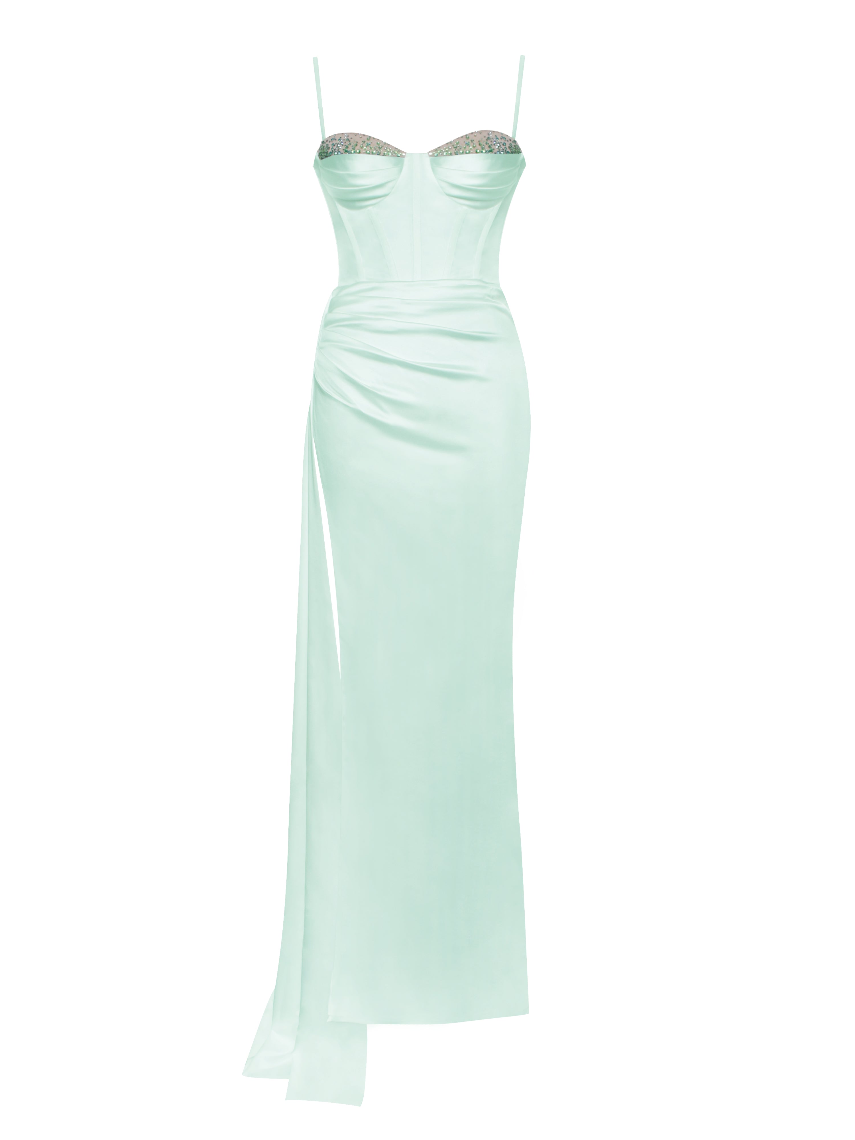 Vanity Mint Satin High Slit Draping Corset Gown With Crystals