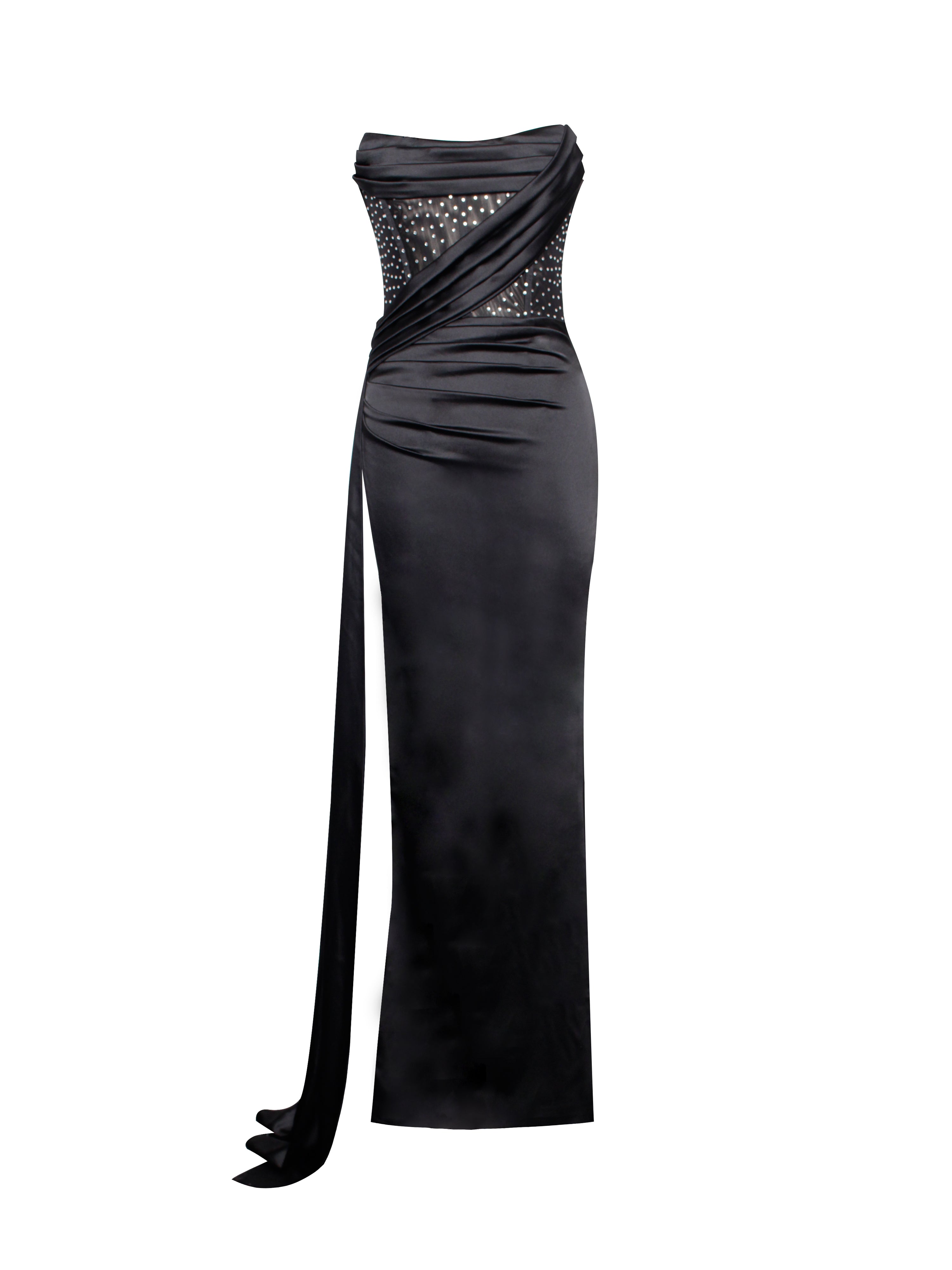 Miss Circle Women Holly Black Crystallized Corset High Slit Satin Gown Miss Circle Women Holly Black Crystallized Corset High Slit Satin Gown