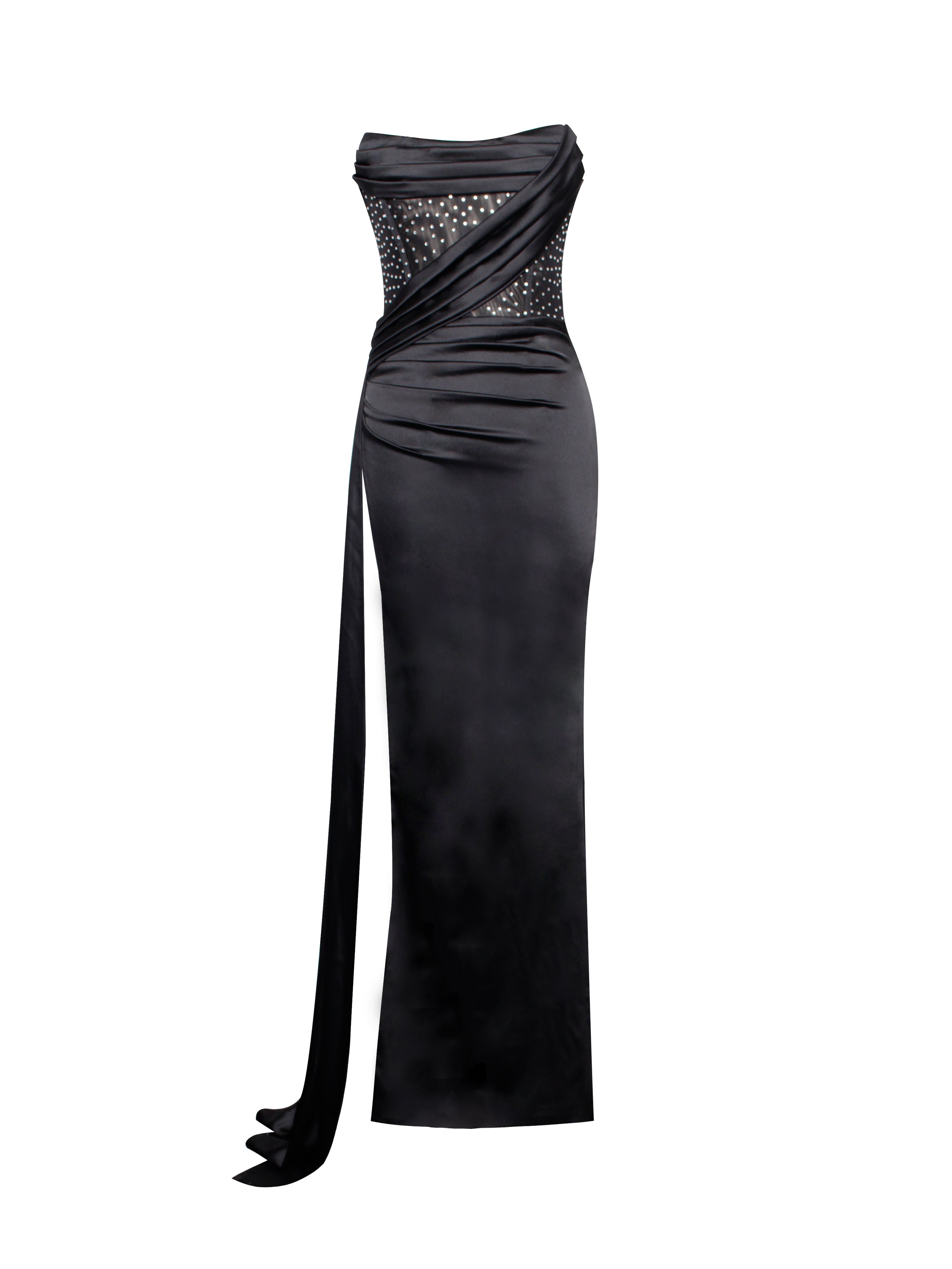 Holly Black Crystallized Corset High Slit Satin Gown