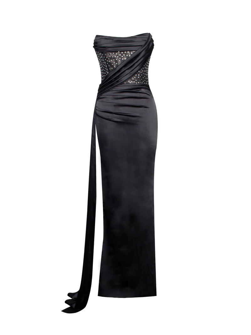 Holly Black Crystallized Corset High Slit Satin Gown – Miss Circle