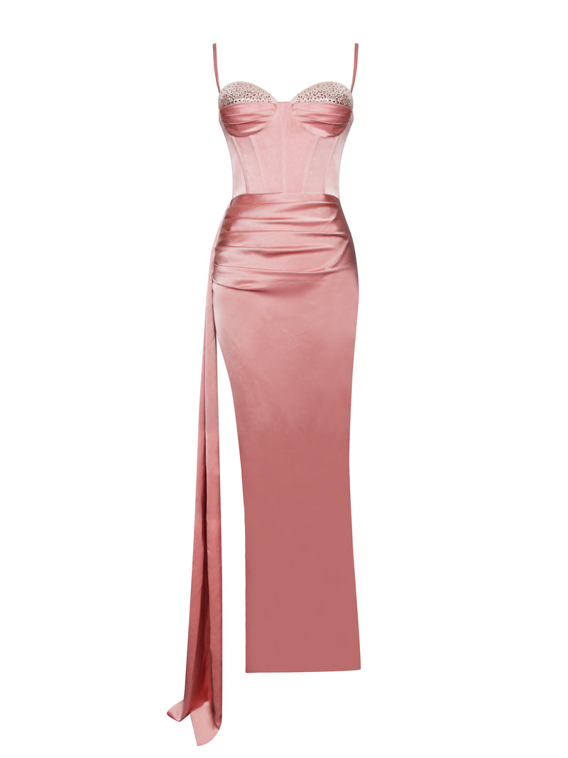 Vanity Blush Pink Satin High Slit Draping Corset Gown With Crystals