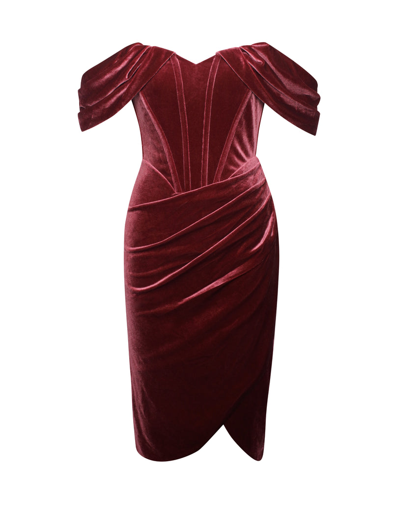 Omaria Burgundy Velvet Off Shoulder Corset Dress