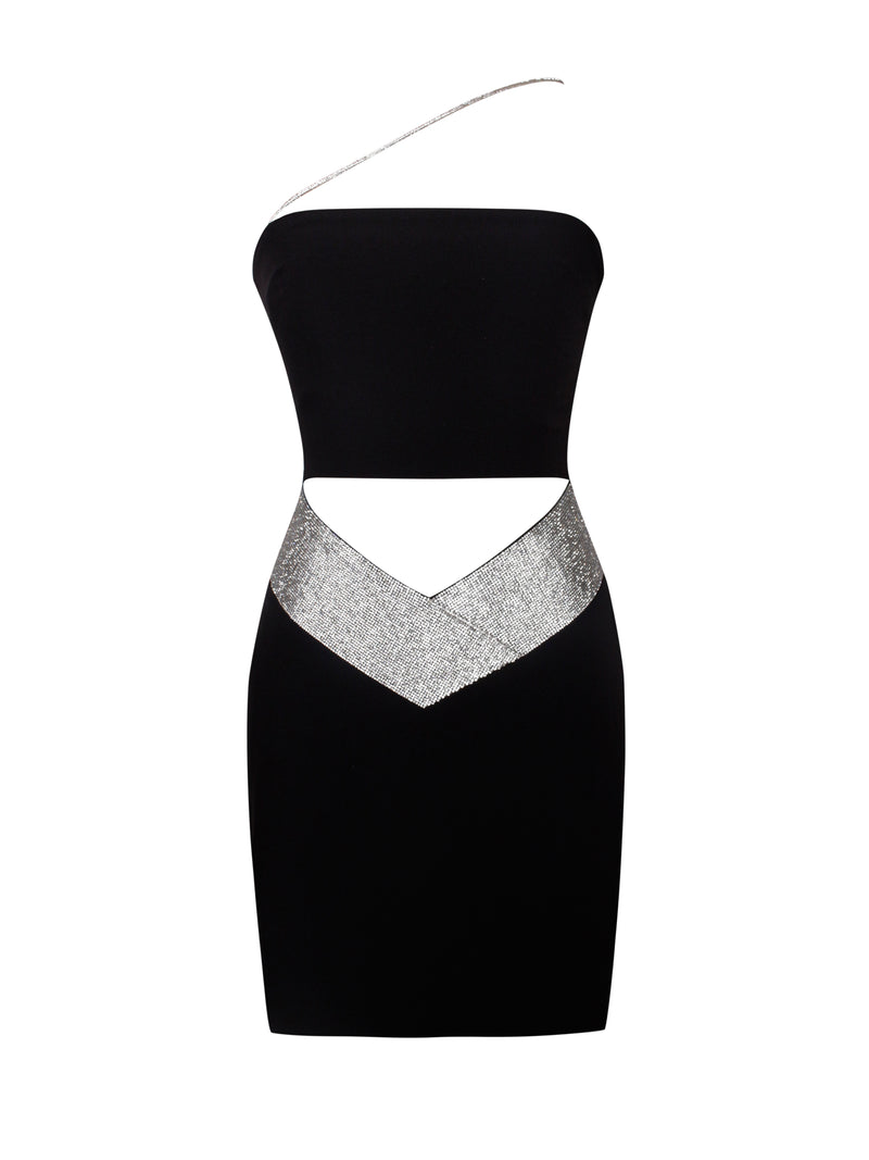 Adrian Black Crystal Strap Cutout Dress