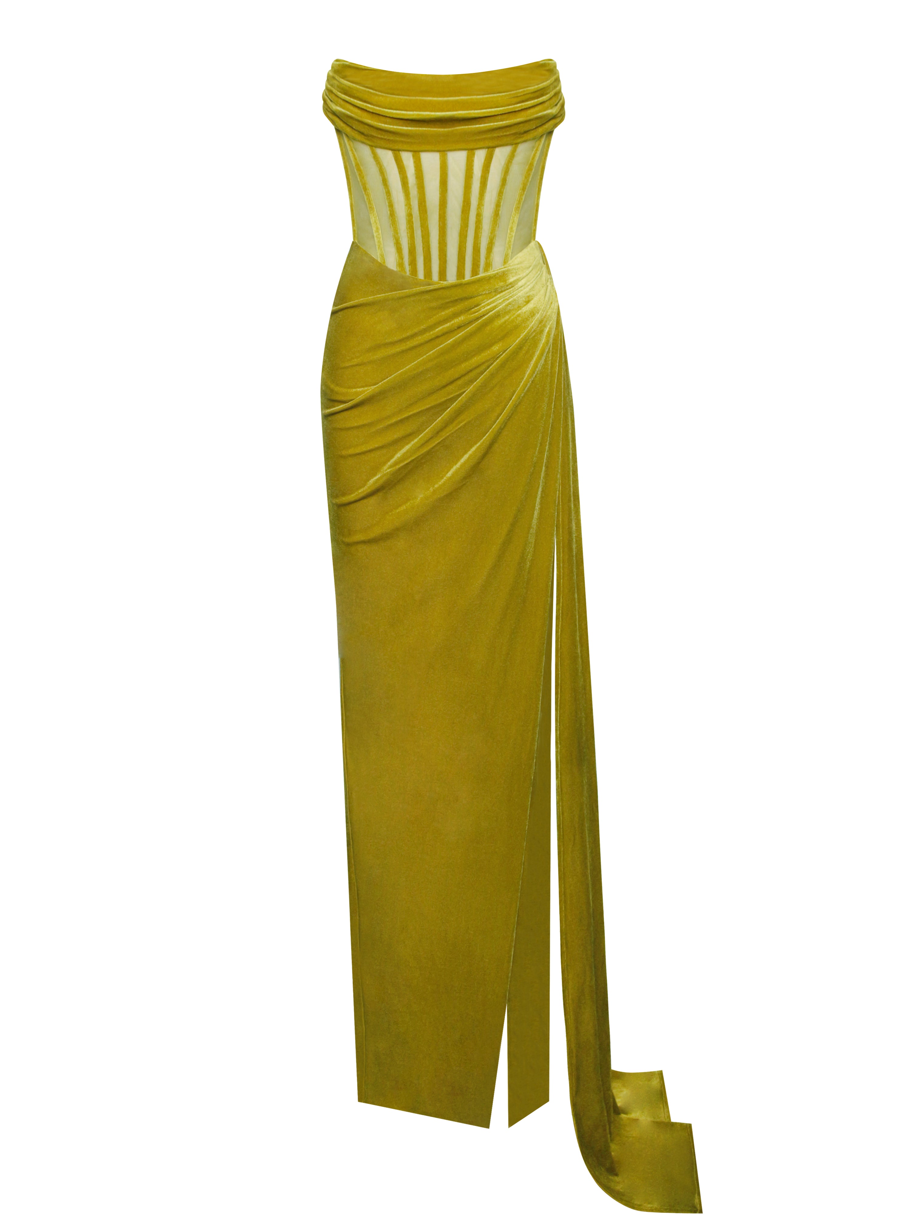Priya Gold Draping Corset High Slit Velvet Gown - L / US 10-12 Priya Gold Draping Corset High Slit Velvet Gown - L / US 10-12