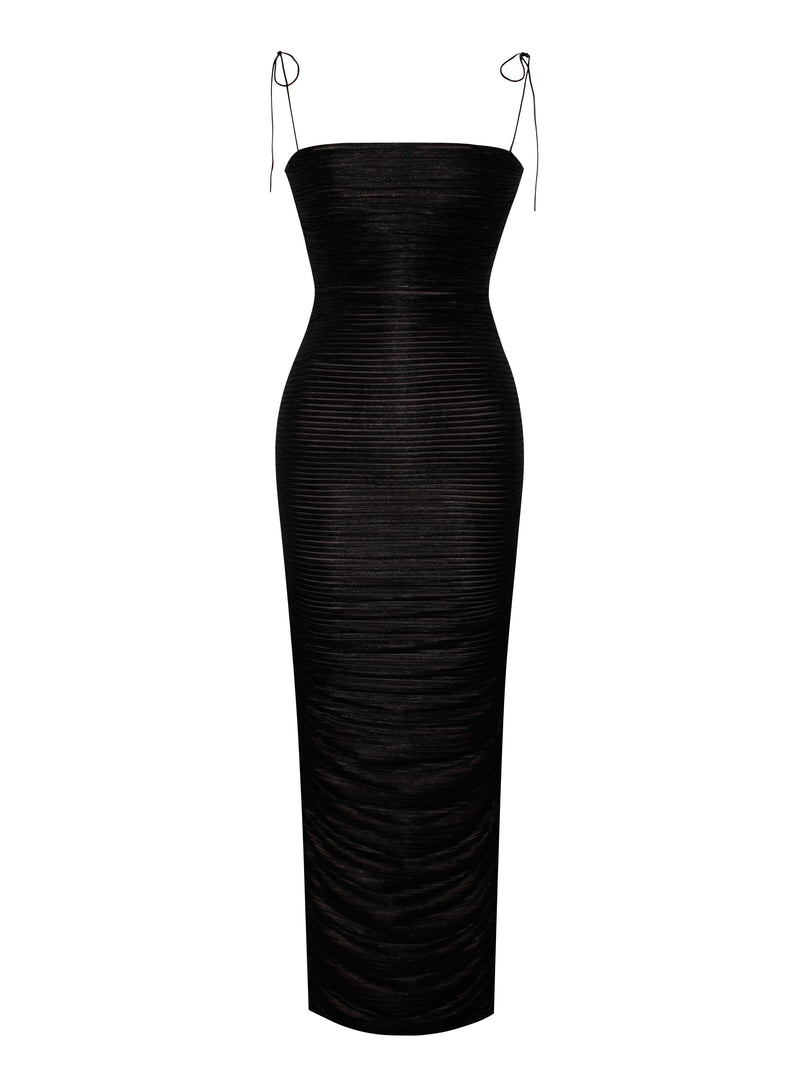 The Glint Black Ruched Chiffon Long Maxi Dress