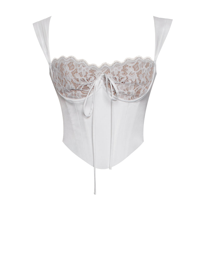 White corset top with lace and bow stitching  White corset top, White lace  corset, Victoria secret corsets