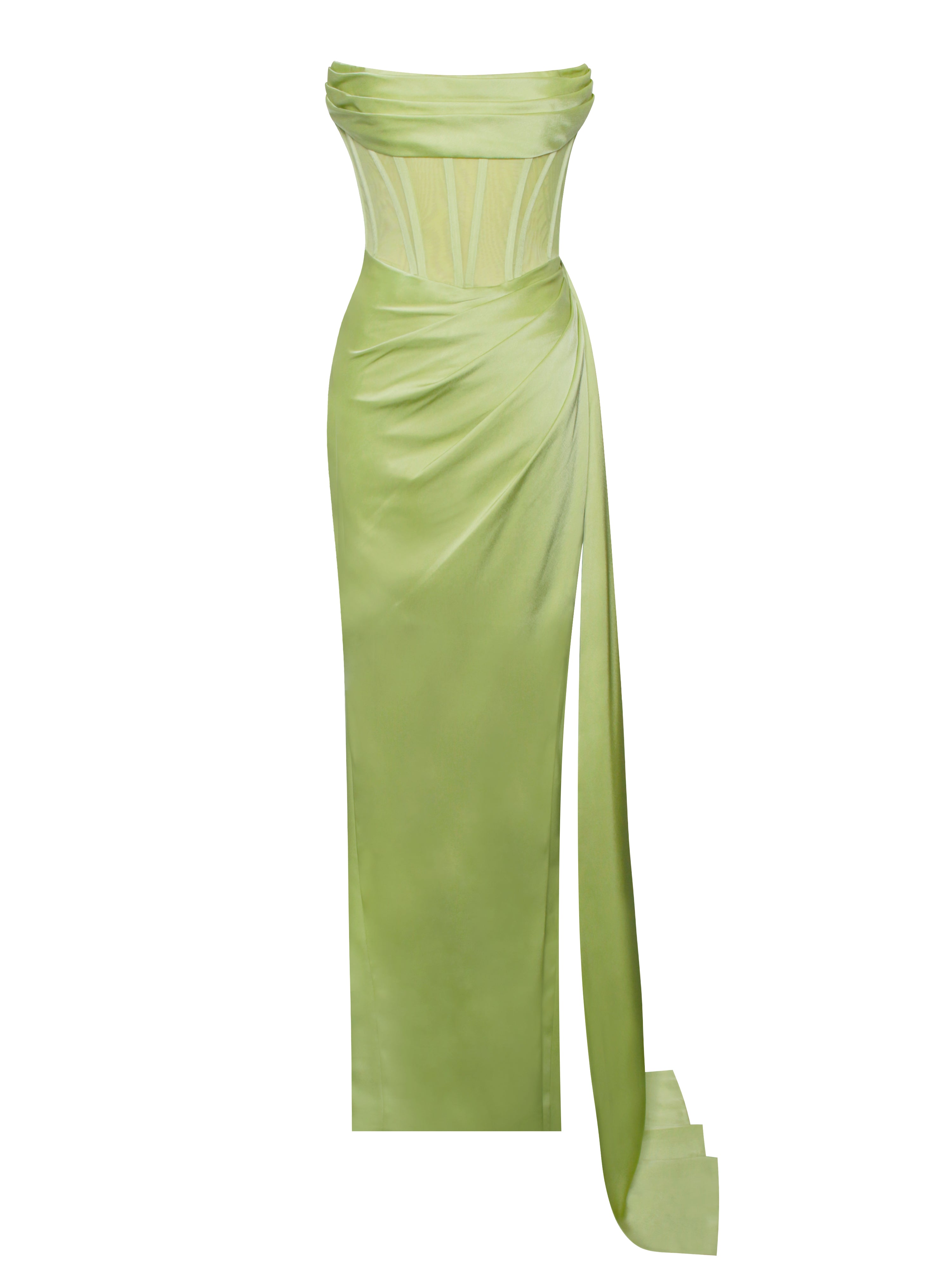 Prisa Lime High Slit Satin Corset Gown