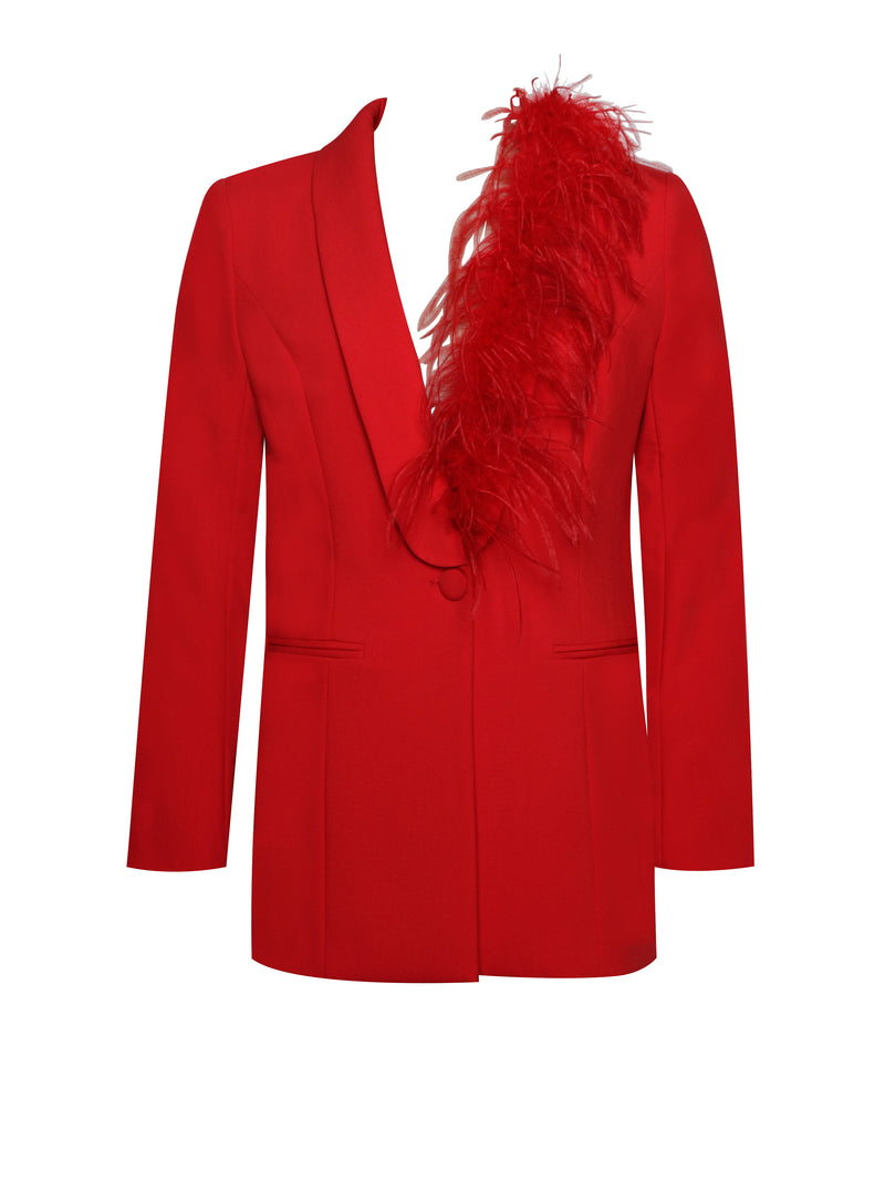 Yulia Red Suit Blazer With Feather Trim