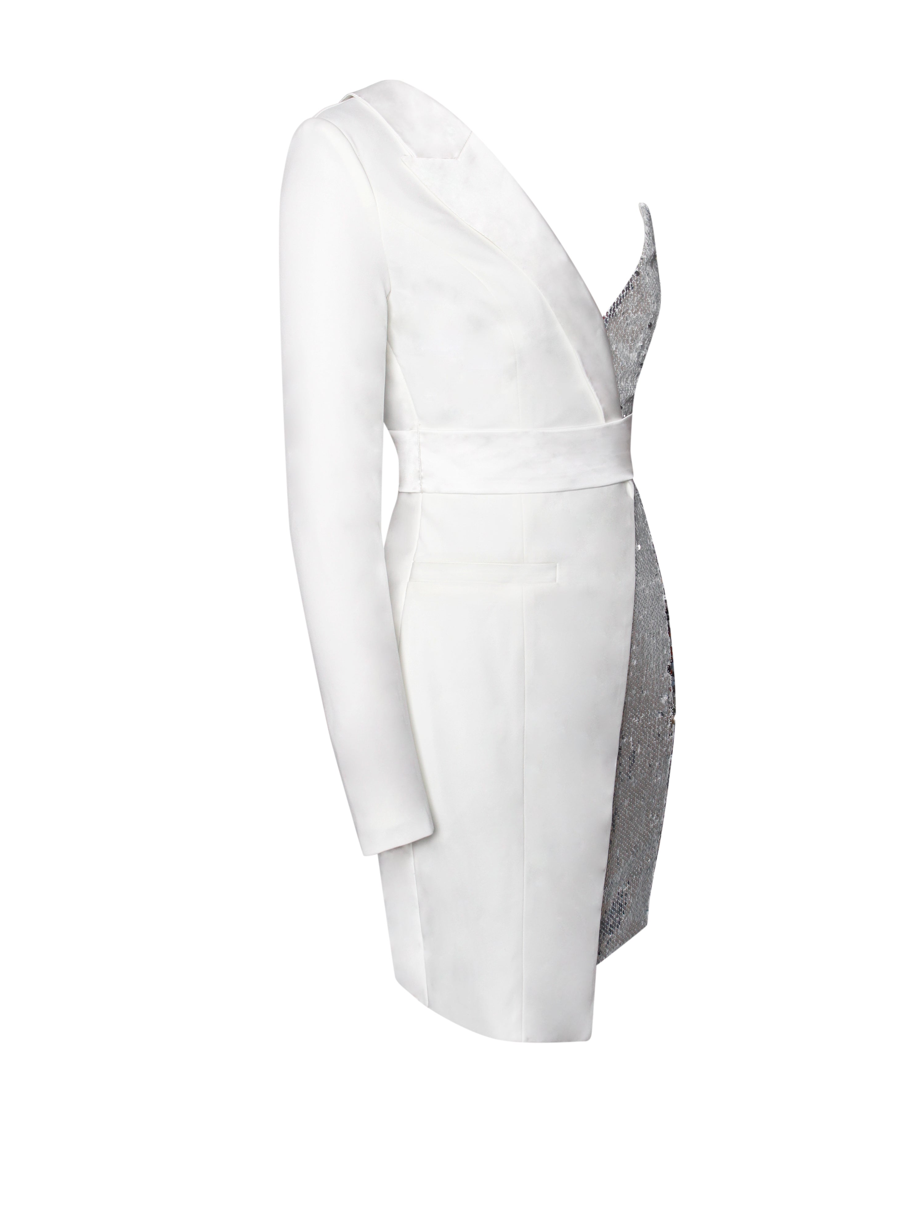 Silver Night White One Sleeved Sequin Crepe Tuxedo Blazer Dress - Miss Circle