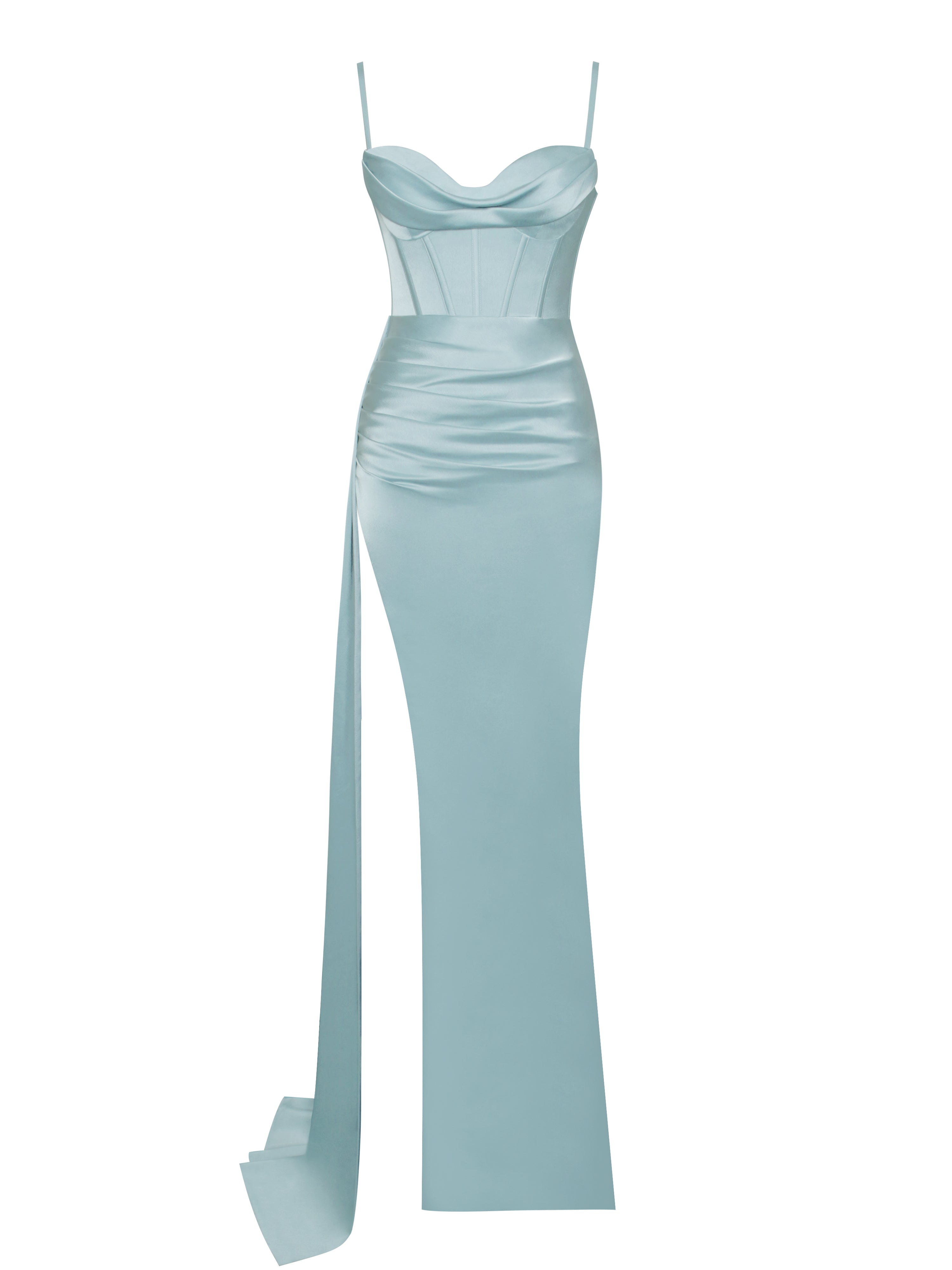 Elayna Pale Blue Strappy Satin Corset High Slit Gown Elayna Pale Blue Strappy Satin Corset High Slit Gown