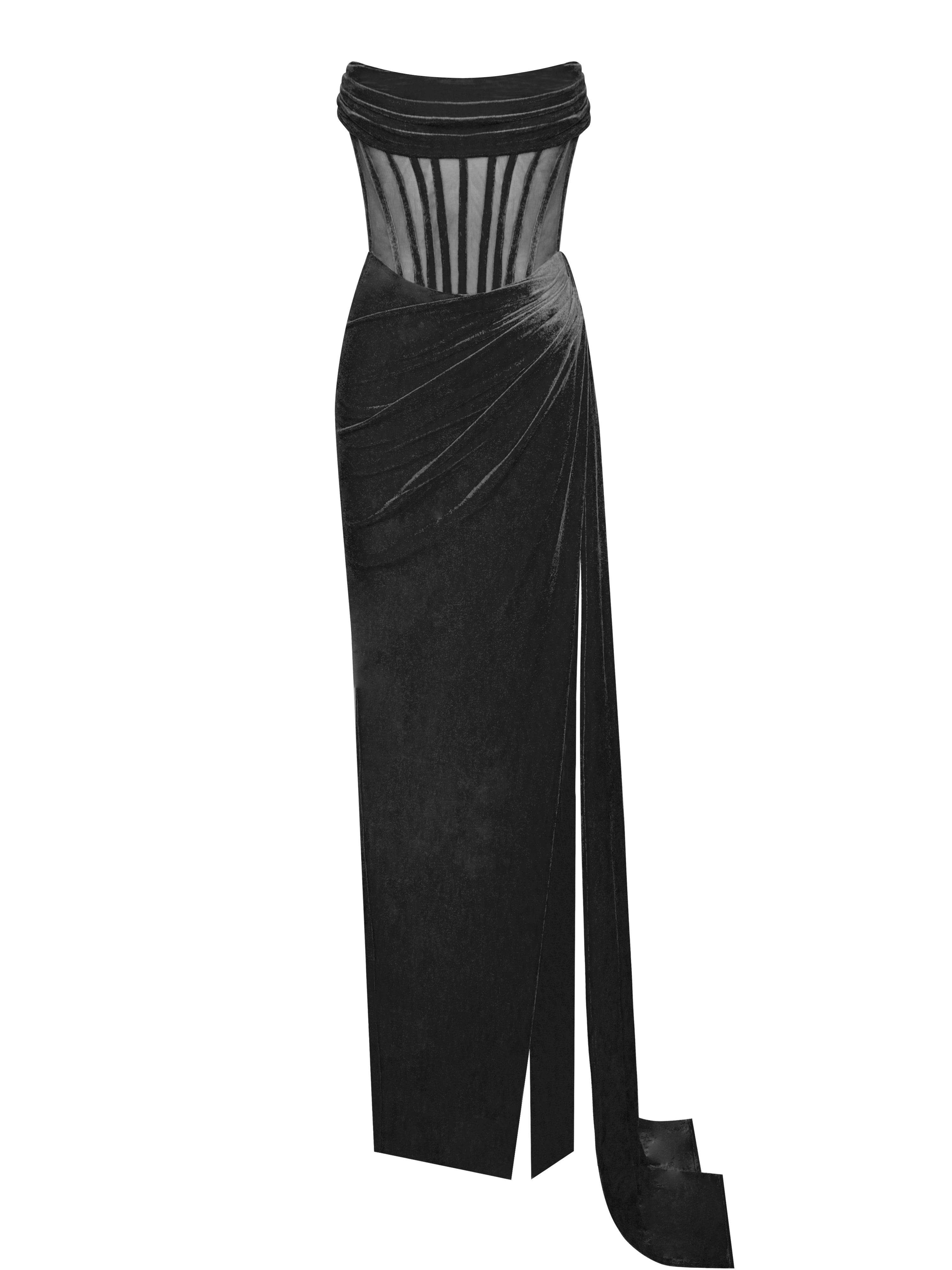 Priya Black Draping Corset High Slit Velvet Gown Priya Black Draping Corset High Slit Velvet Gown