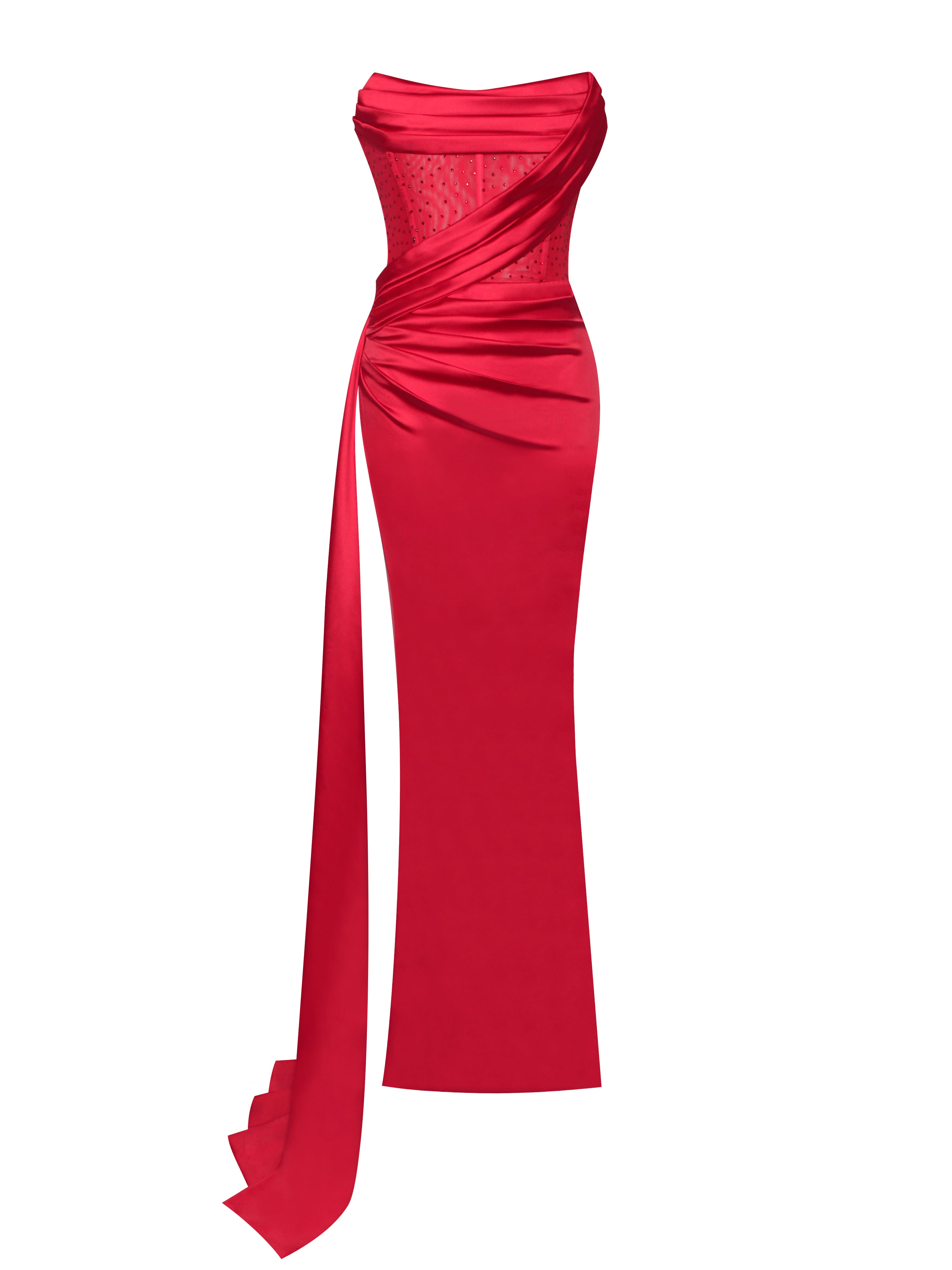 Holly Red Crystallized Corset High Slit Satin Gown