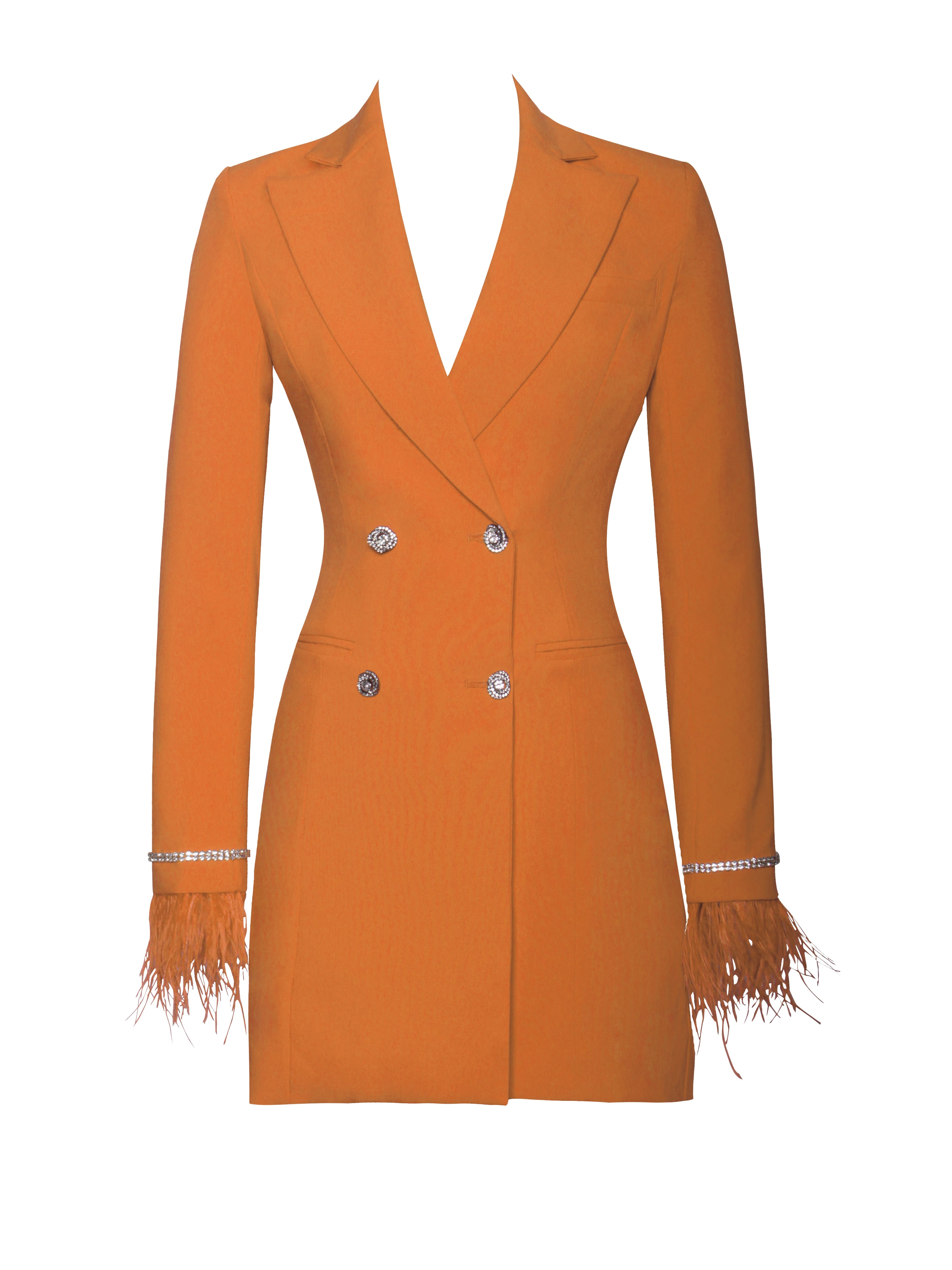 Quilla Orange Feather Crystal Sleeve Backless Blazer Dress