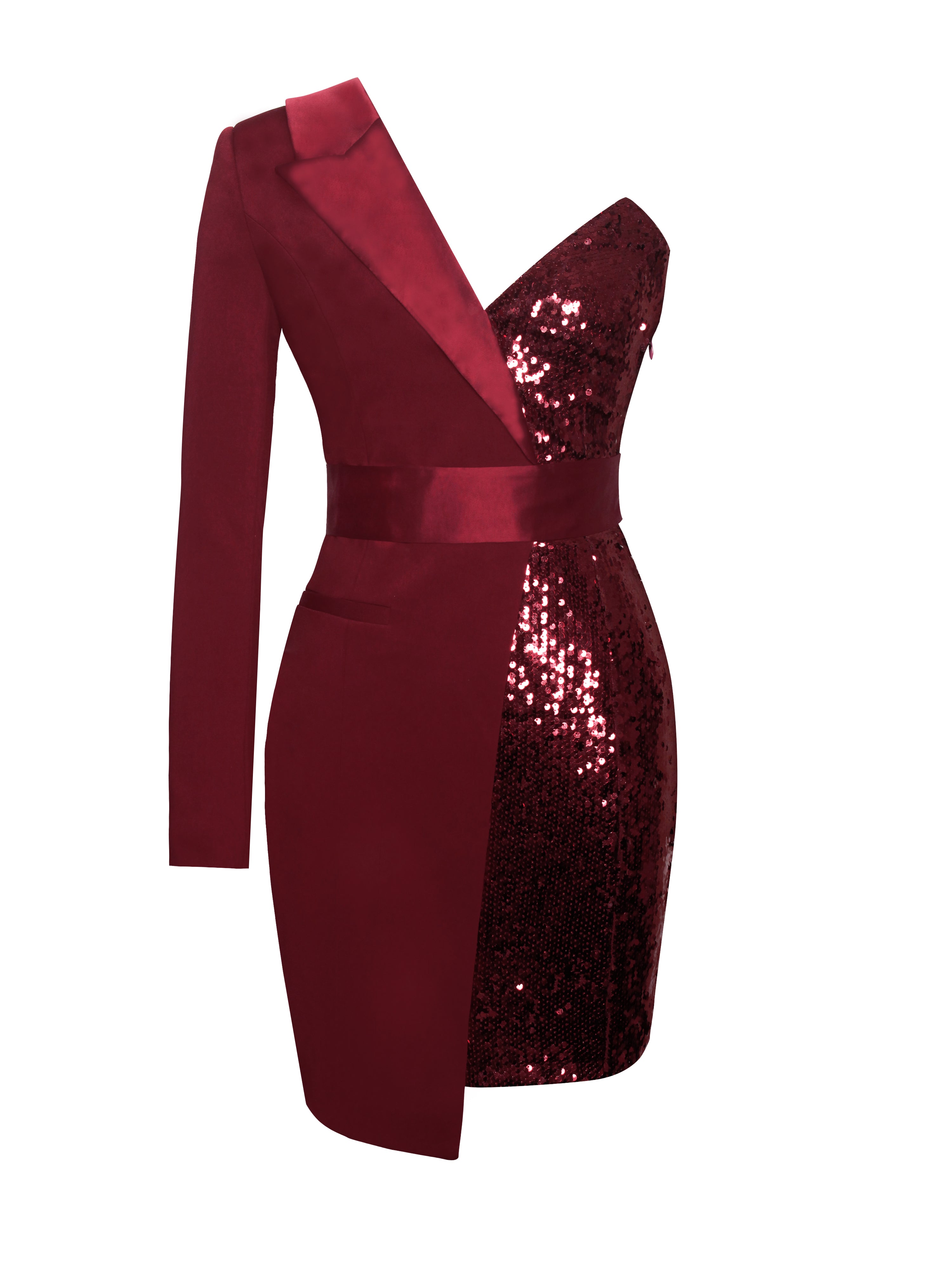 Silver Night One Sleeved Wine Sequin Crepe Tuxedo Blazer Dress - Miss Circle