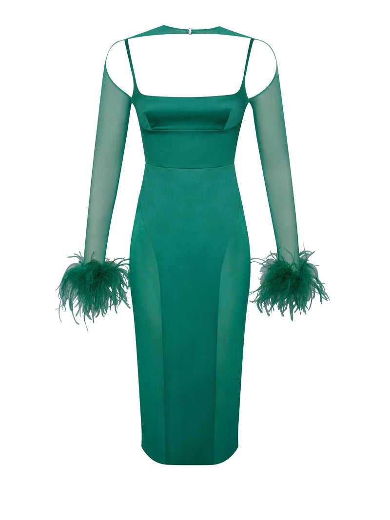 Oaklie Emerald Green Satin Mesh Sleeve Dress With Feathers, 42% OFF