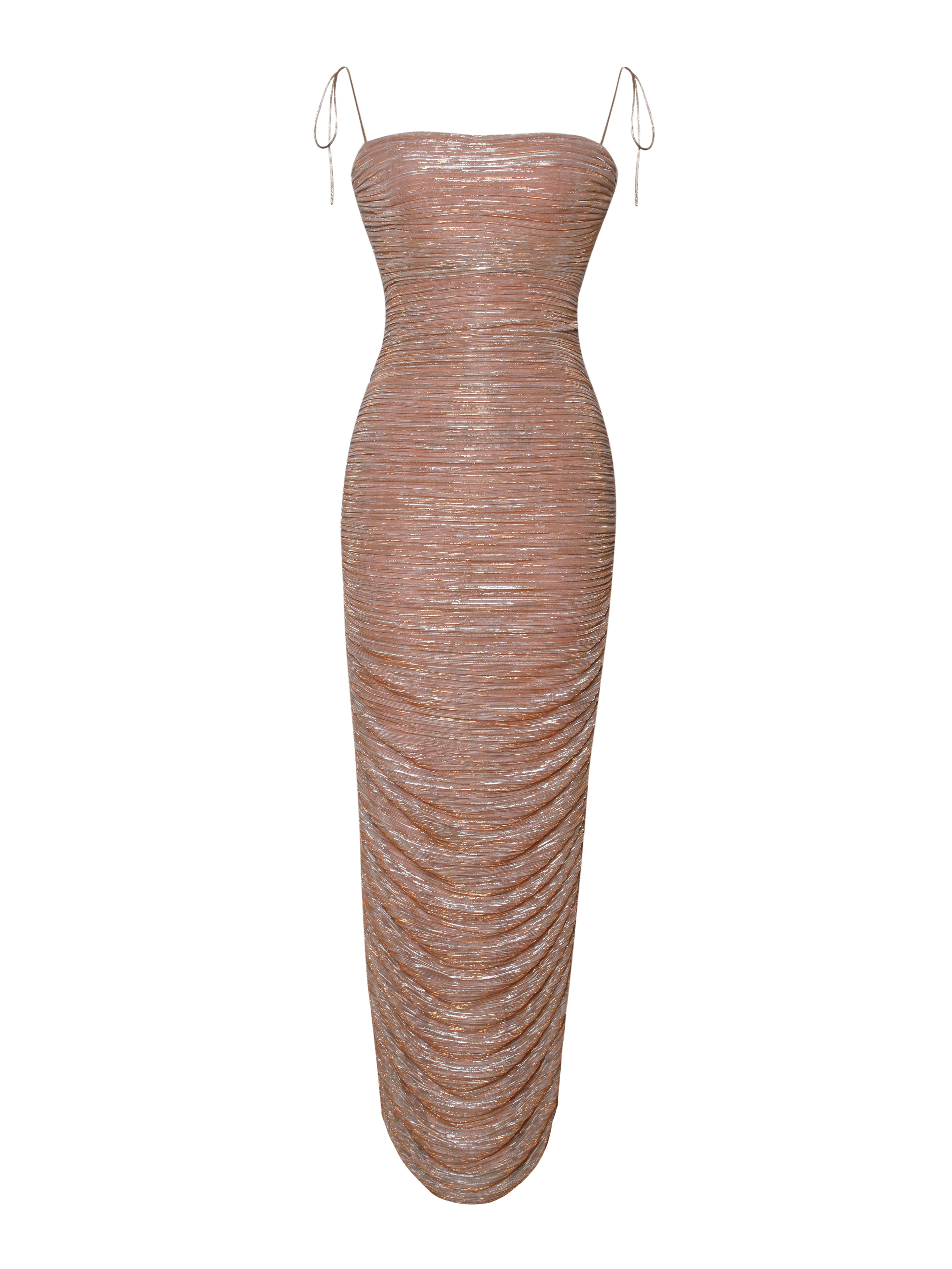 The Glint Rose Gold Ruched Chiffon Long Maxi Dress