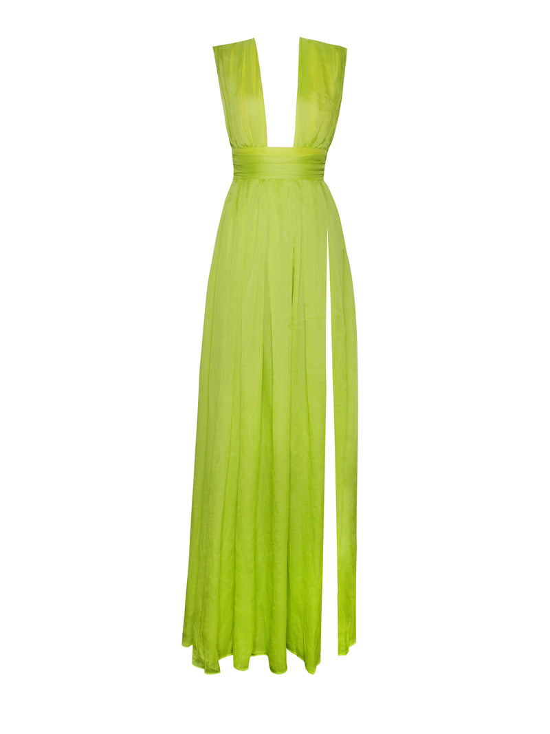 Valley Of Angels Lime Chiffon Pleated High Slit Maxi Dress