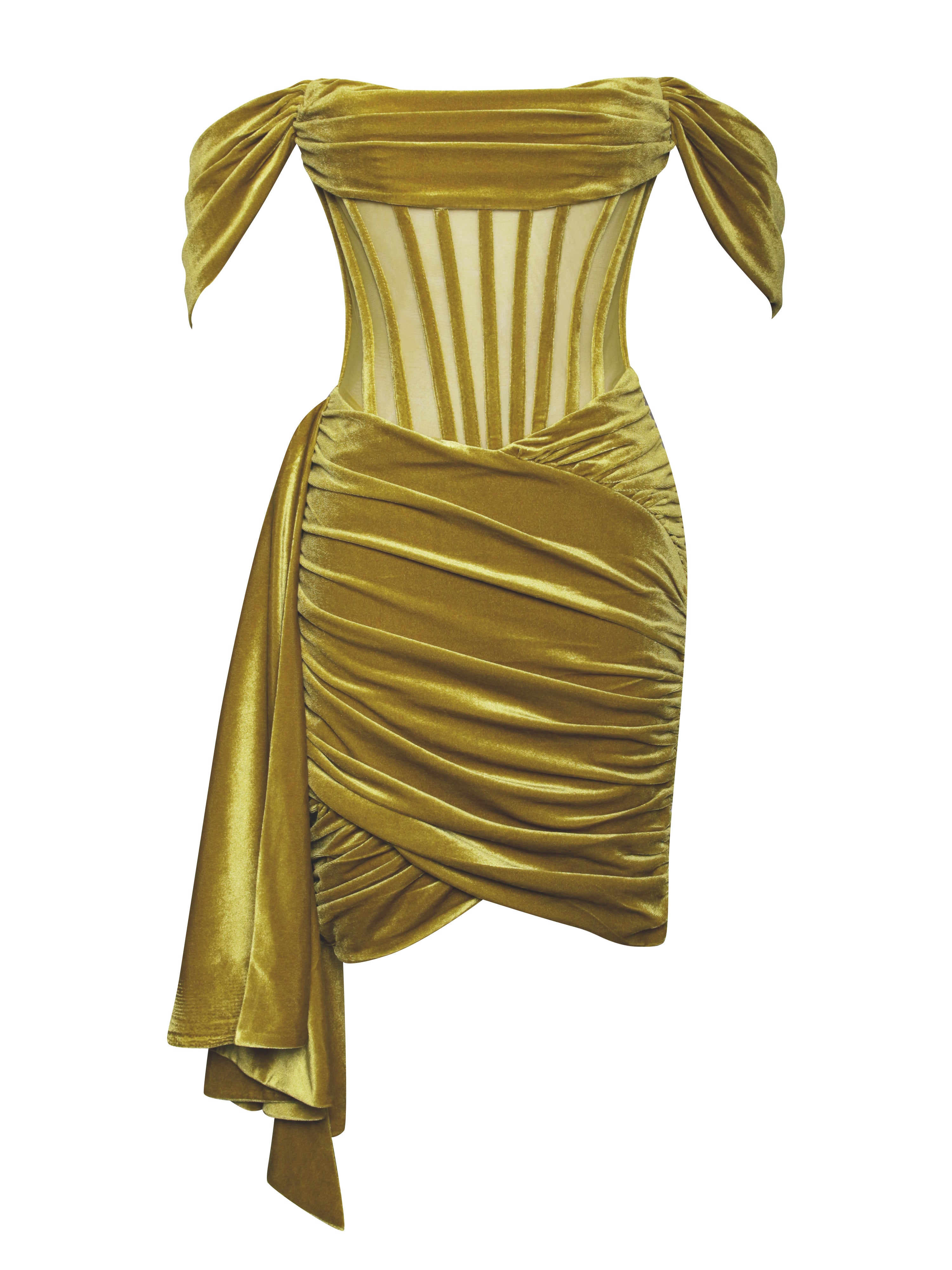 Irisa Gold Draping Off Shoulder Corset Dress