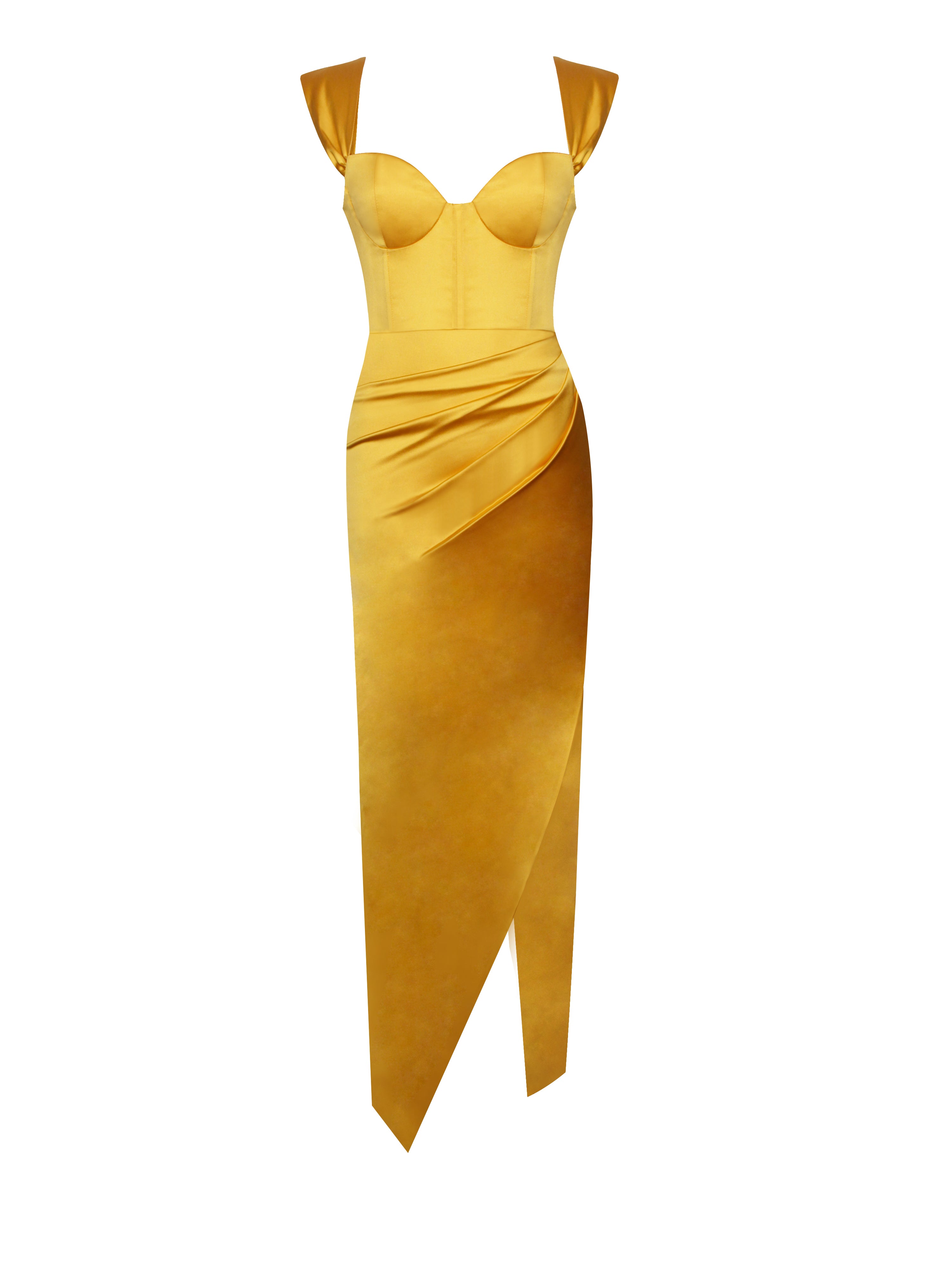 Zarah Yellow High Slit Corset Satin Dress (Archive Sale) Zarah Yellow High Slit Corset Satin Dress (Archive Sale)