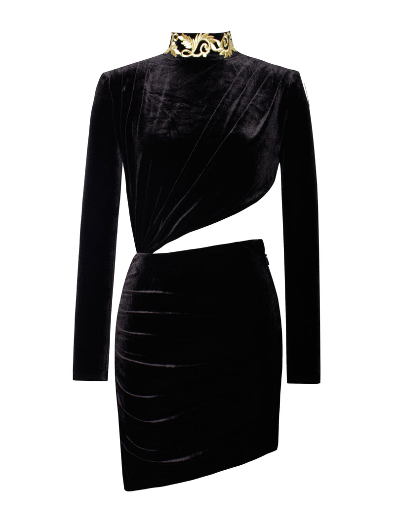Carlyn Cutout Long Sleeve Black Velvet Dress