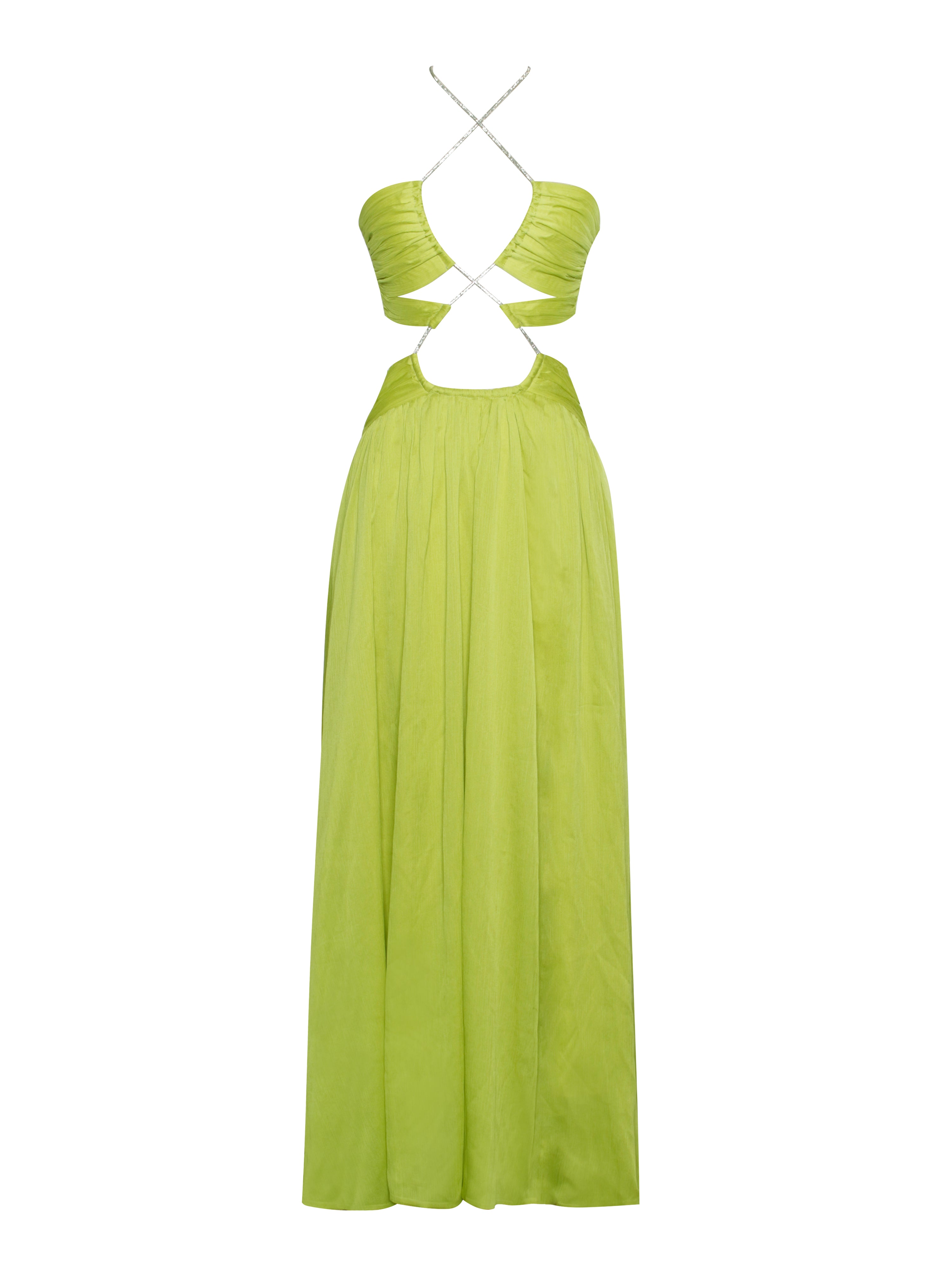 Quinby Lemon Chiffon Pleated Lace Up Maxi Dress