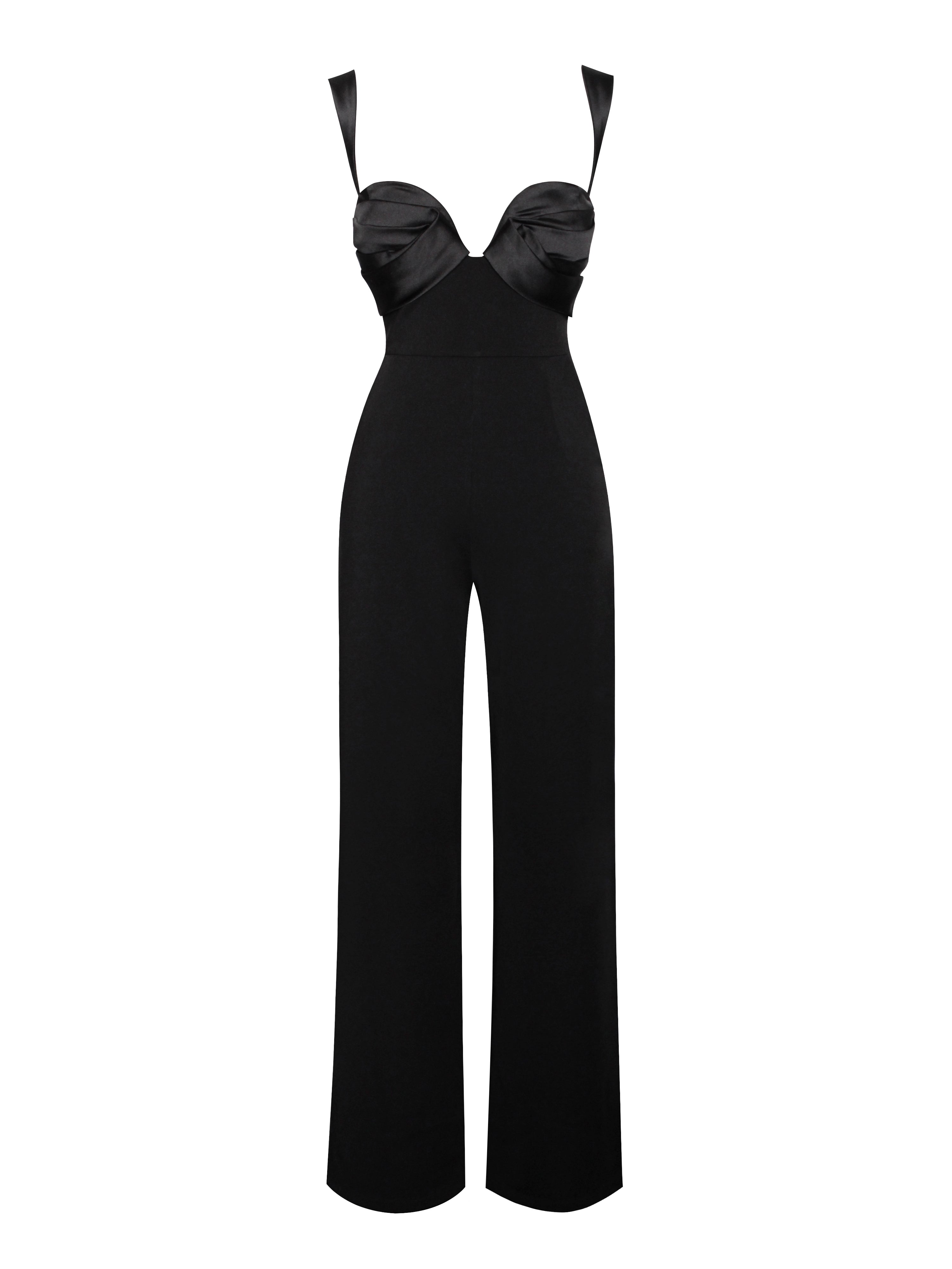 Onika Black Satin and Crepe Jumpsuit